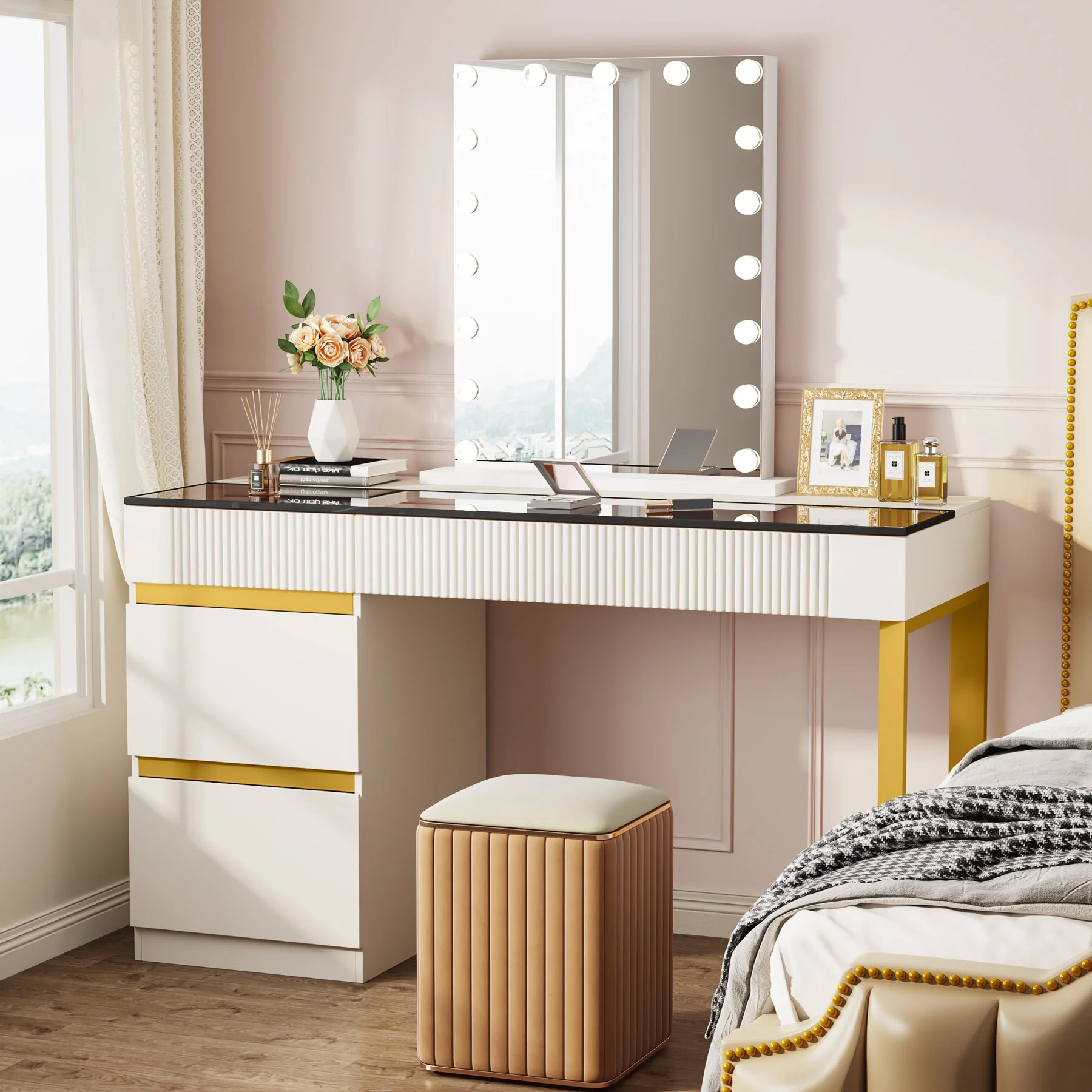 4-Drawer Makeup Vanity, Modern Dressing Table with Glass Desktop(Without Mirror) - Image 4