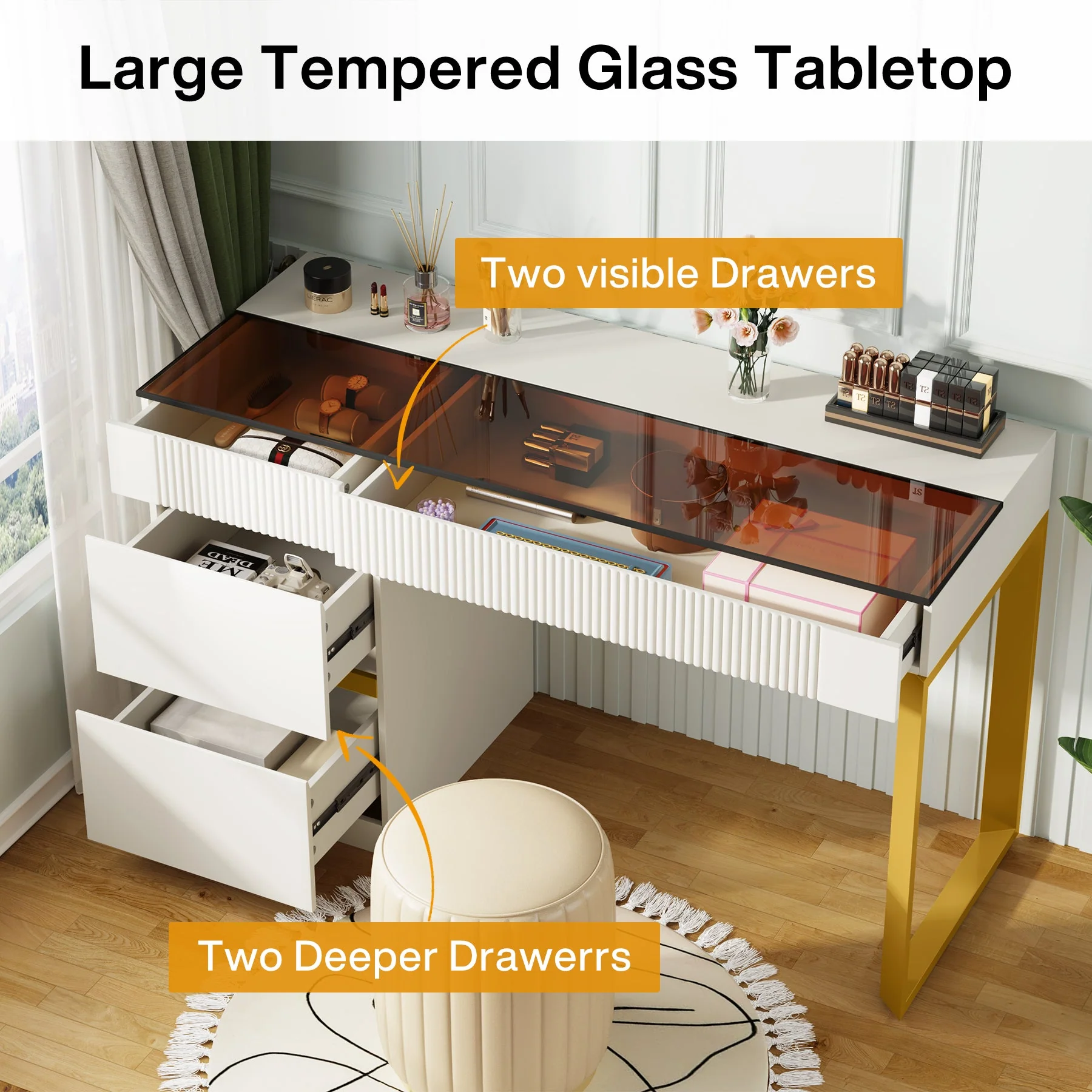 4-Drawer Makeup Vanity, Modern Dressing Table with Glass Desktop(Without Mirror) - Image 6