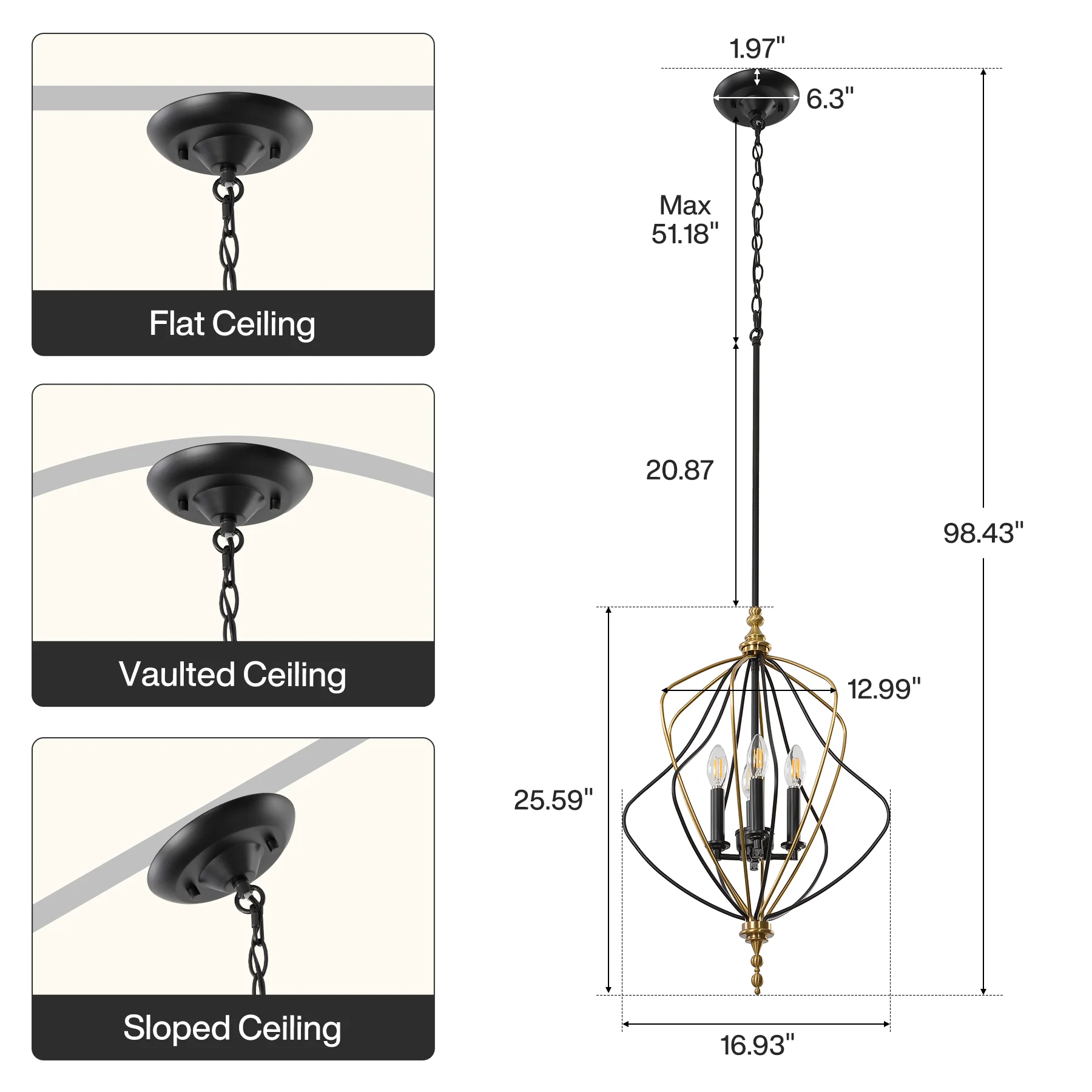 4-Light Chandelier, Modern Metal Cage Pendant Lighting for Living Room (Bulb Not Included) - Image 2
