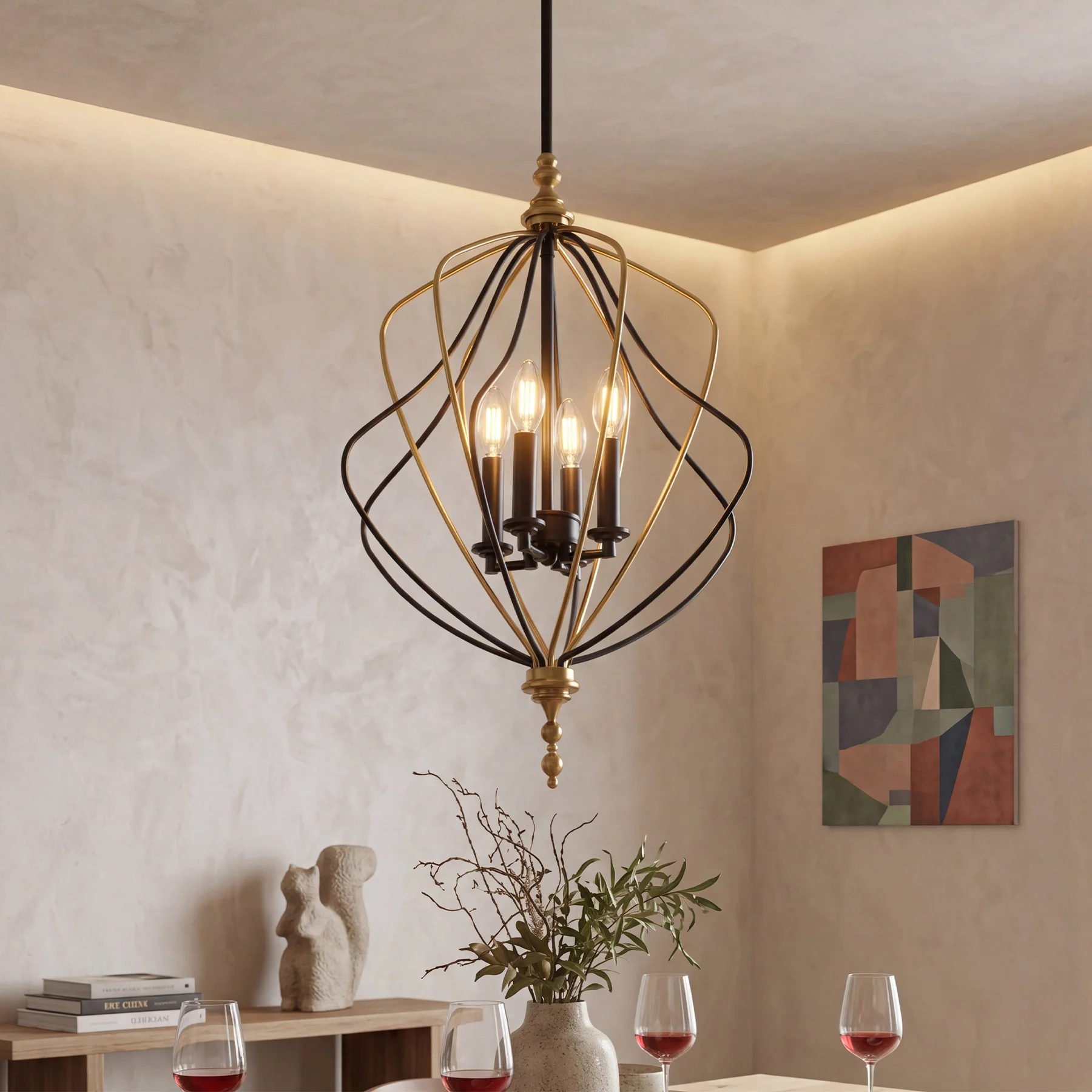 4-Light Chandelier, Modern Metal Cage Pendant Lighting for Living Room (Bulb Not Included) - Image 3
