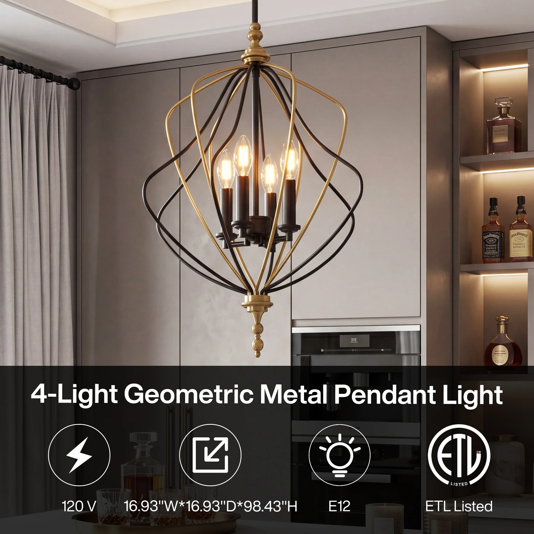 4-Light Chandelier, Modern Metal Cage Pendant Lighting for Living Room (Bulb Not Included) - Image 8