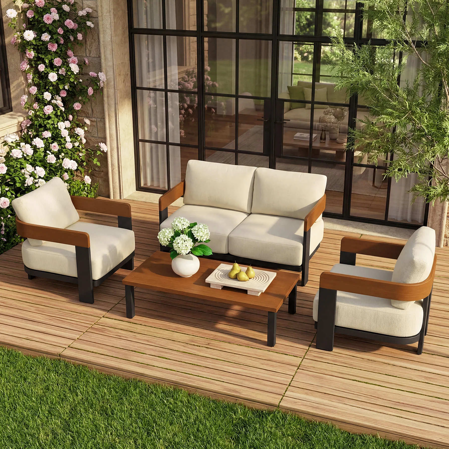 4-Piece Patio Conversation Set, 4 Seats Outdoor Sectional with Coffee Table - Image 3