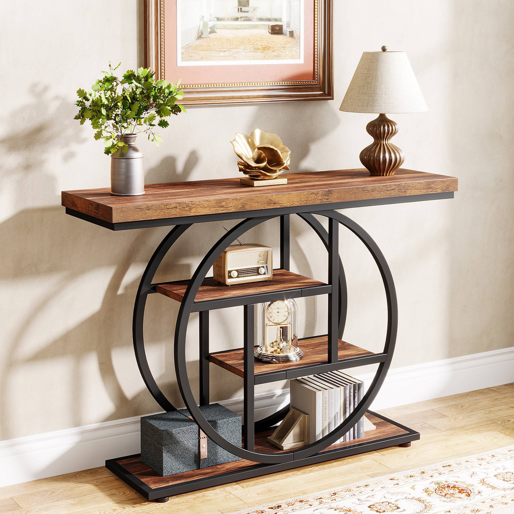 41.3" Console Table, Industrial 4-Tier Sofa Entryway Table with Circle Base - Image 3