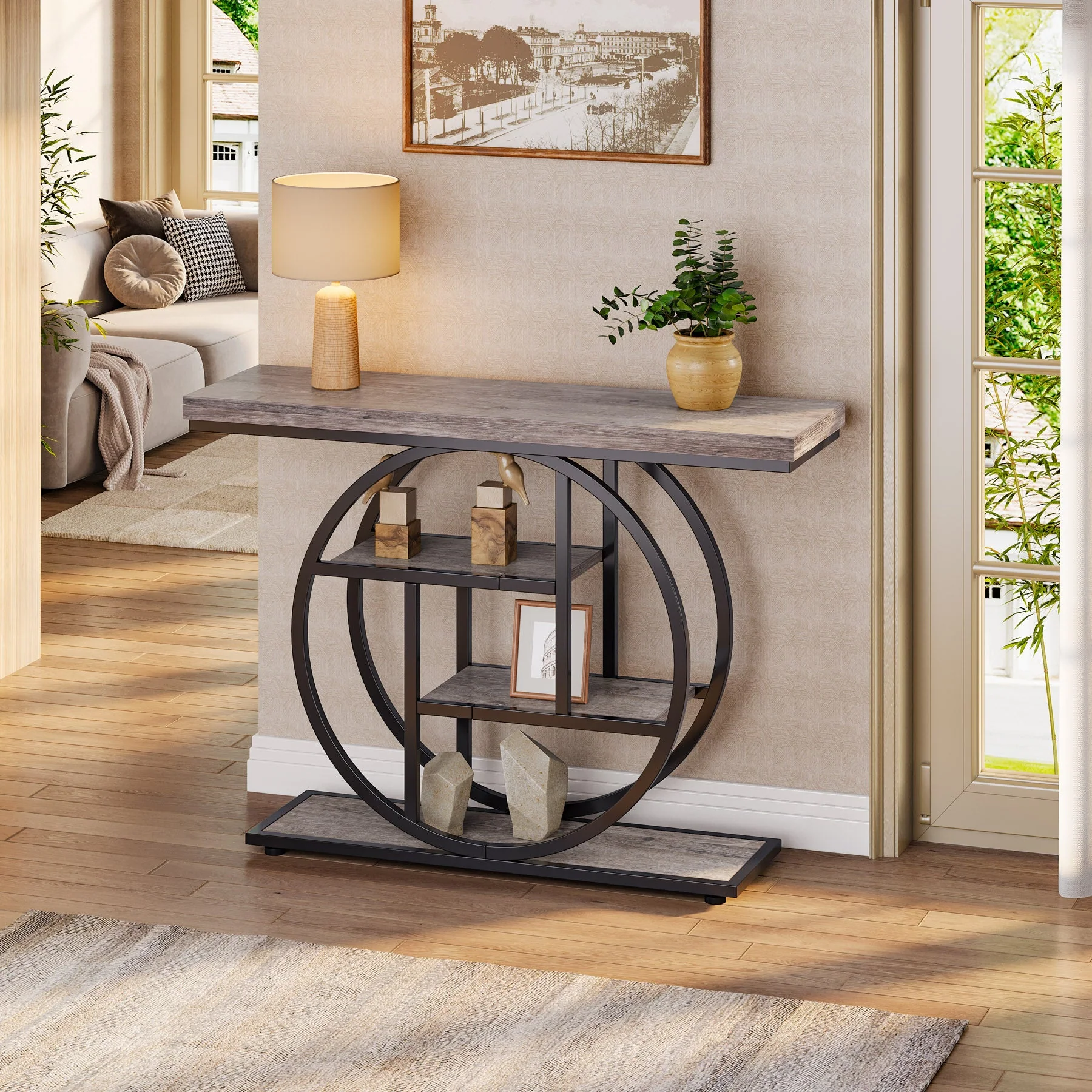 41.3" Console Table, Industrial 4-Tier Sofa Entryway Table with Circle Base - Image 7
