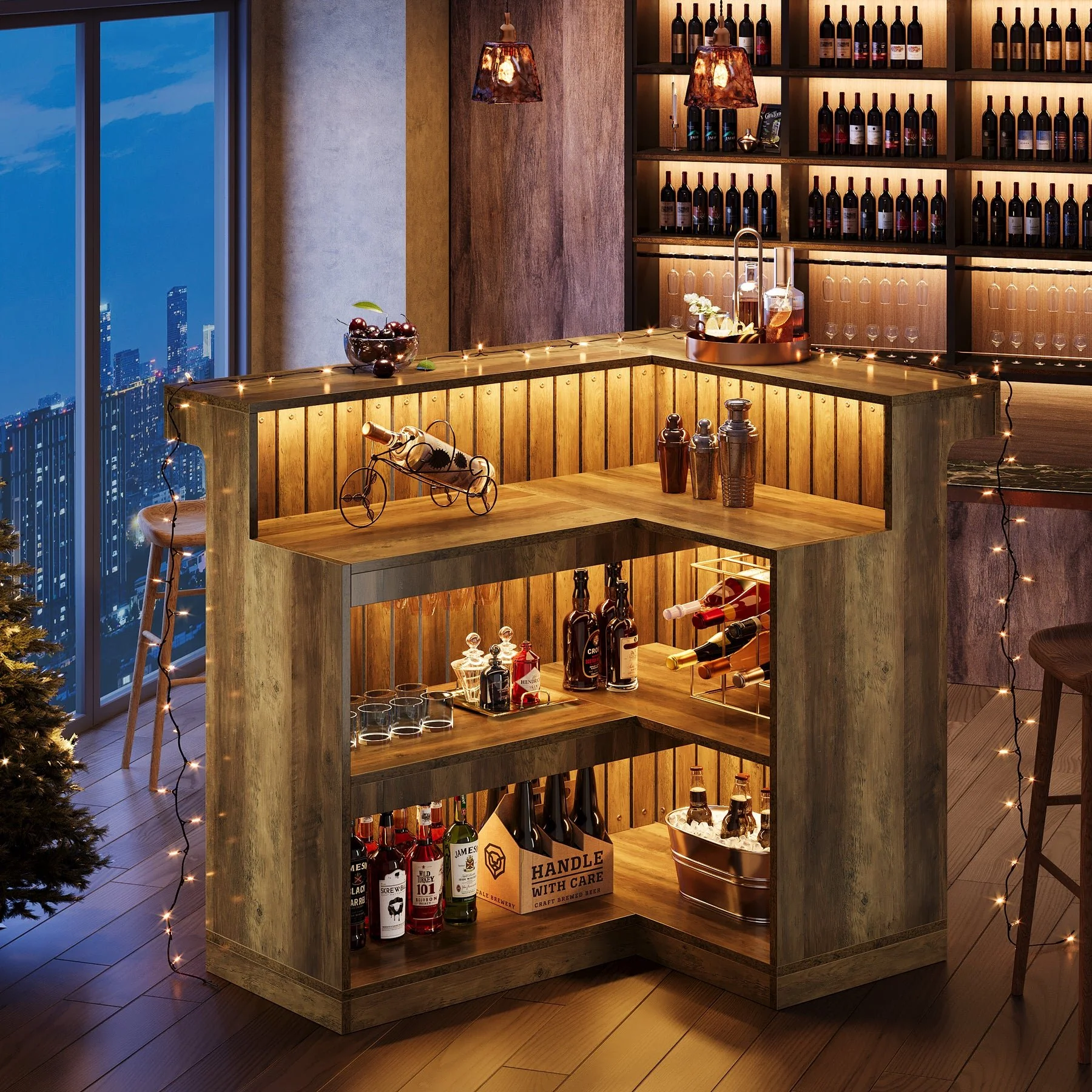 L-Shaped Bar Unit, 4-Tier Corner Liquor Bar Table with Storage Shelves - Image 3