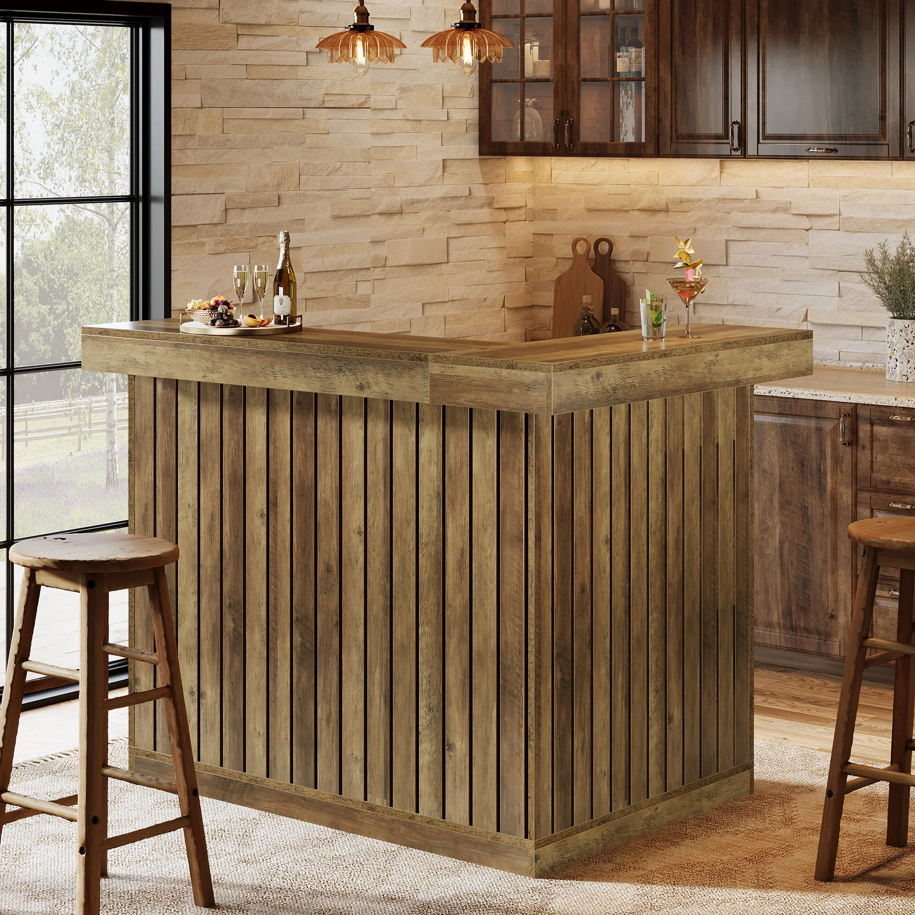 L-Shaped Bar Unit, 4-Tier Corner Liquor Bar Table with Storage Shelves - Image 4
