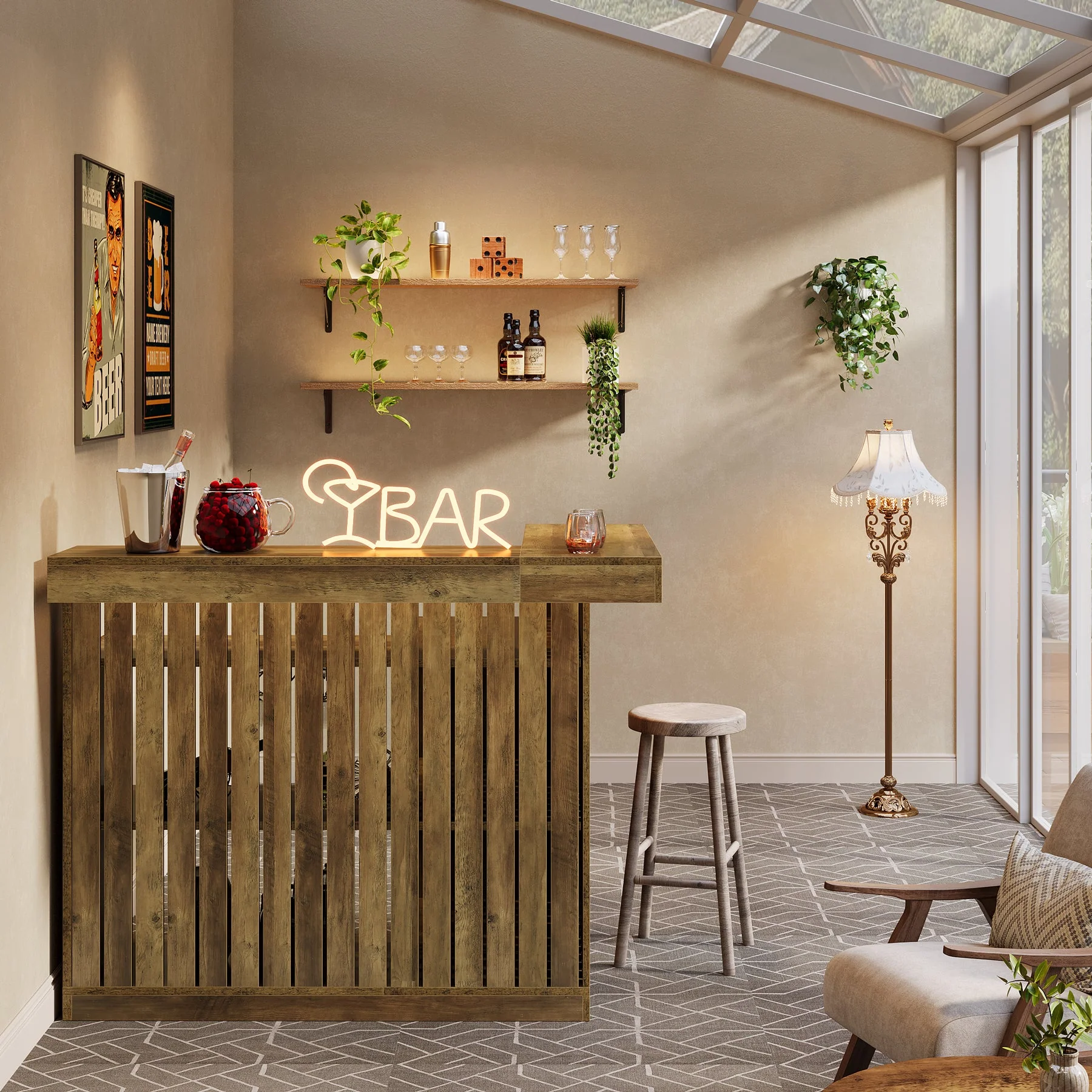 L-Shaped Bar Unit, 4-Tier Corner Liquor Bar Table with Storage Shelves - Image 5