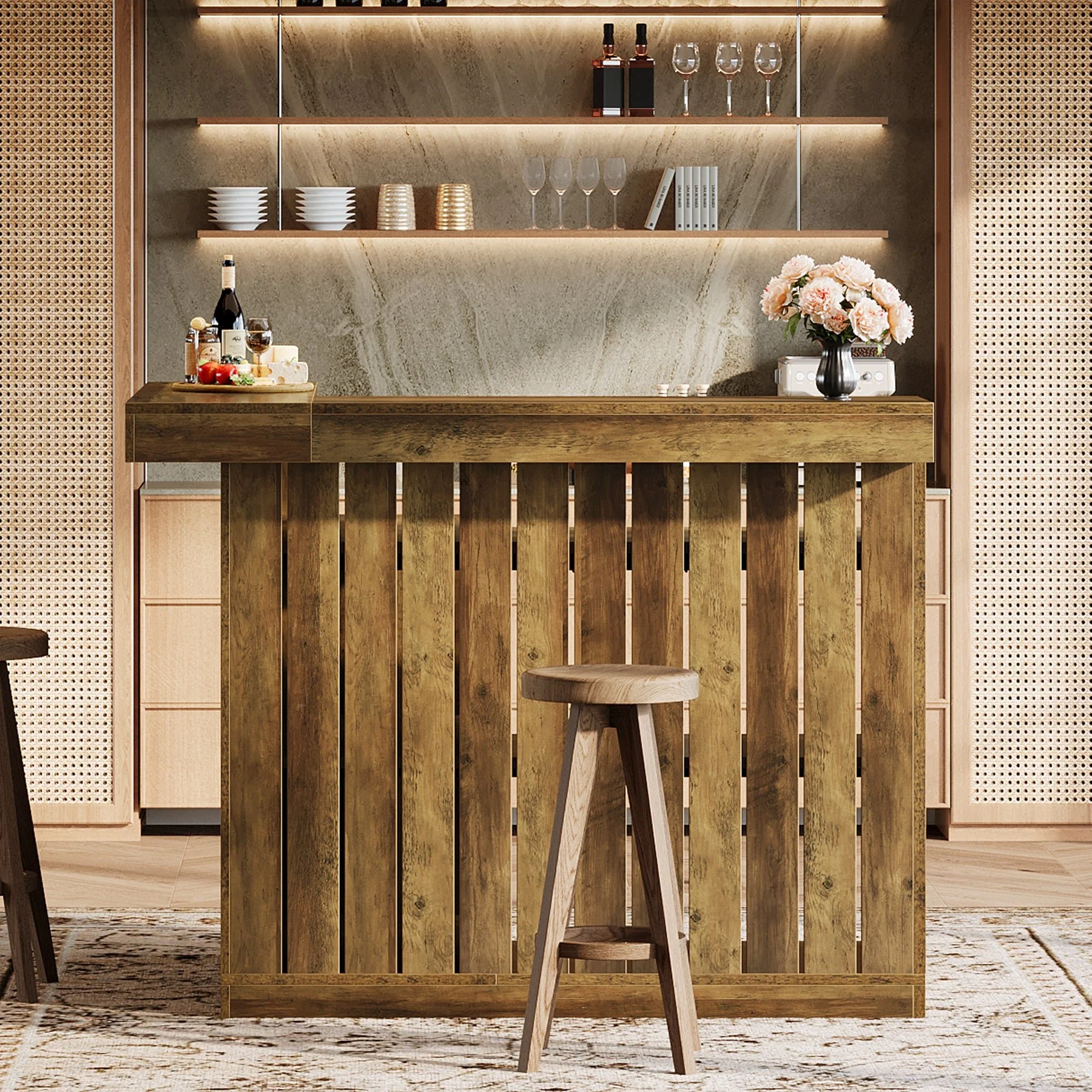 L-Shaped Bar Unit, 4-Tier Corner Liquor Bar Table with Storage Shelves - Image 6
