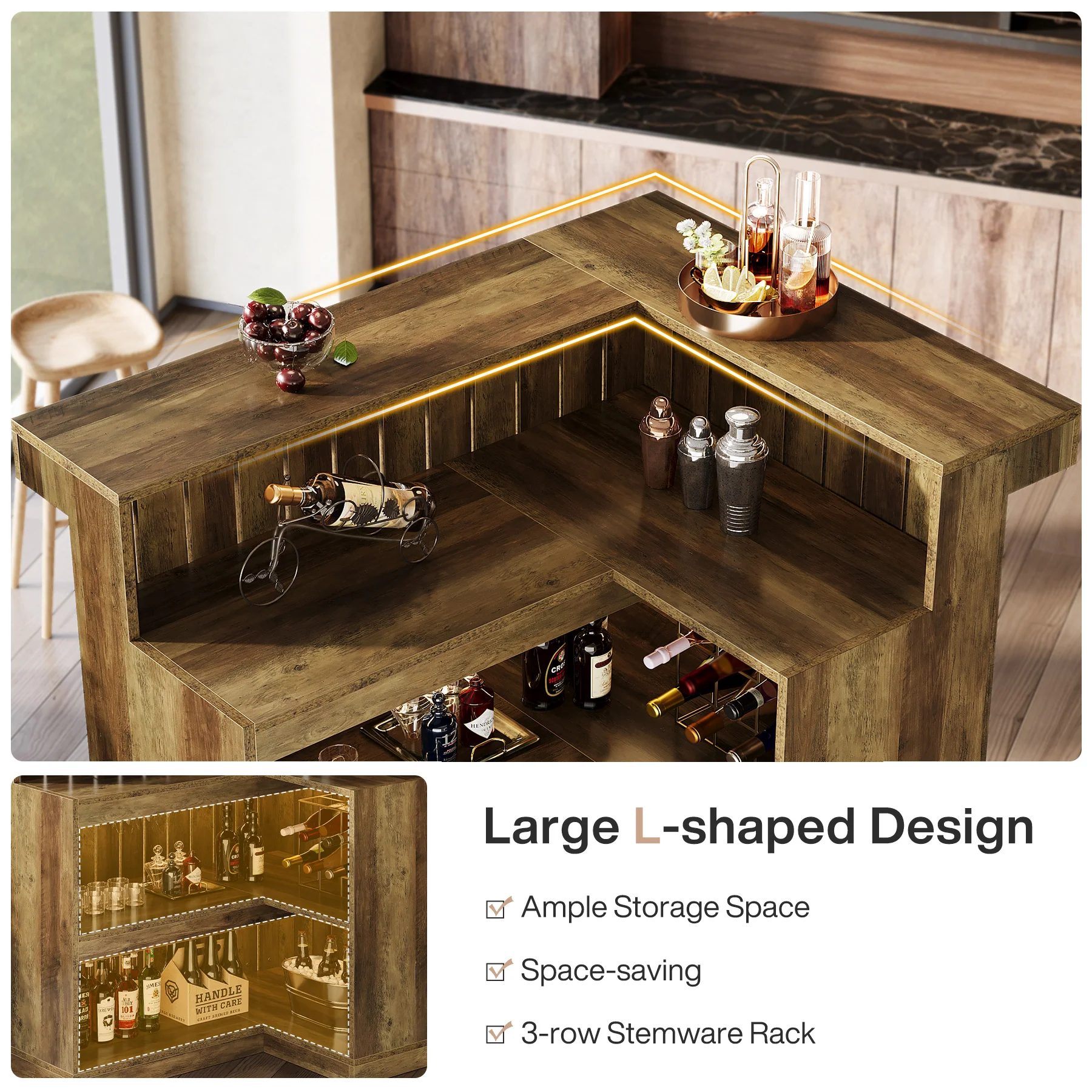 L-Shaped Bar Unit, 4-Tier Corner Liquor Bar Table with Storage Shelves - Image 8
