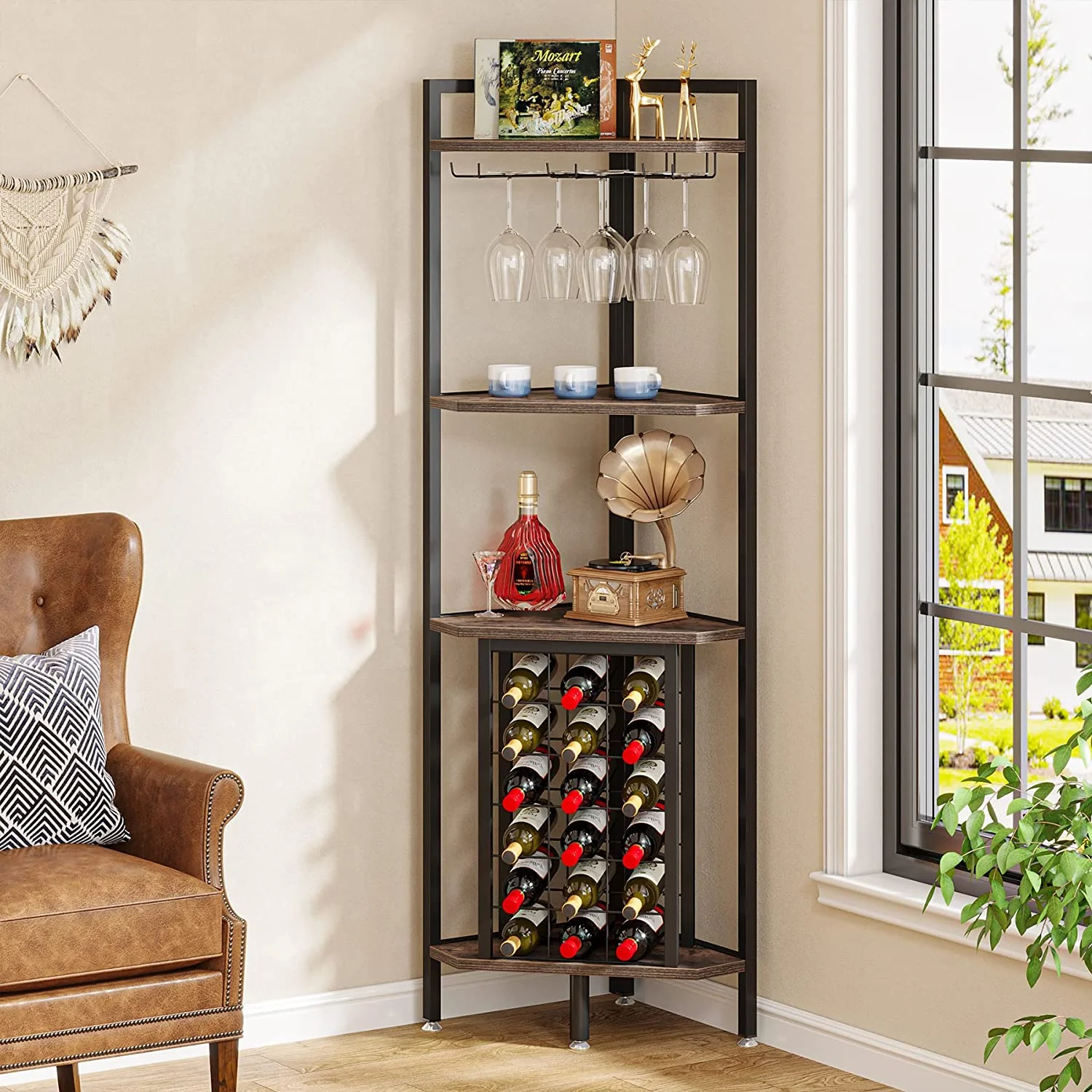 4-Tier Corner Wine Rack with Glass Holder & Storage Shelves - Image 4