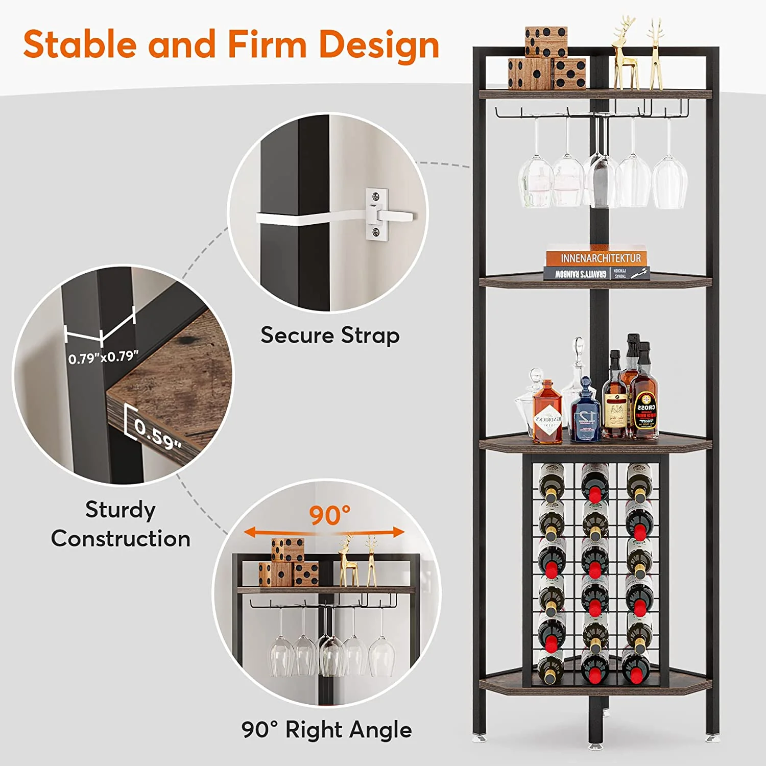 4-Tier Corner Wine Rack with Glass Holder & Storage Shelves - Image 7