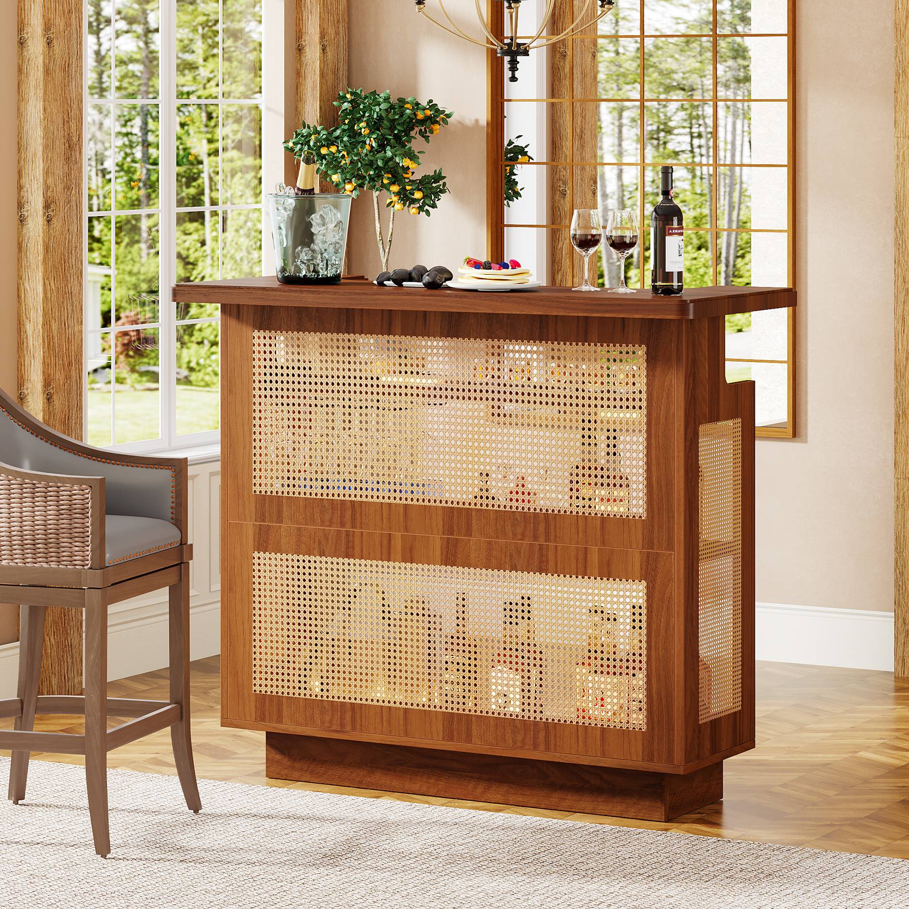 Rattan Home Bar Unit, 4-Tier Liquor Wine Bar Cabinet with Stemware Racks - Image 4