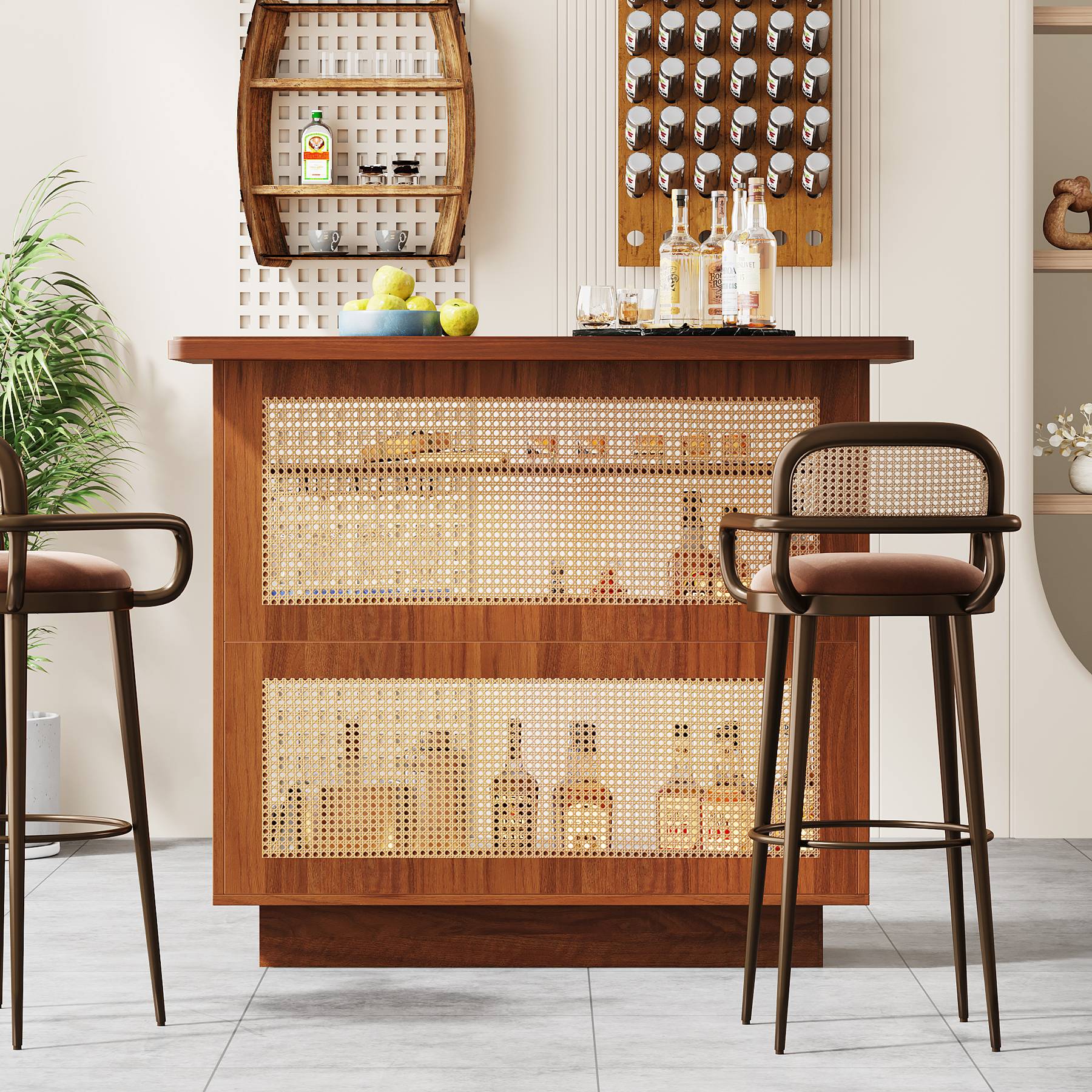 Rattan Home Bar Unit, 4-Tier Liquor Wine Bar Cabinet with Stemware Racks - Image 5