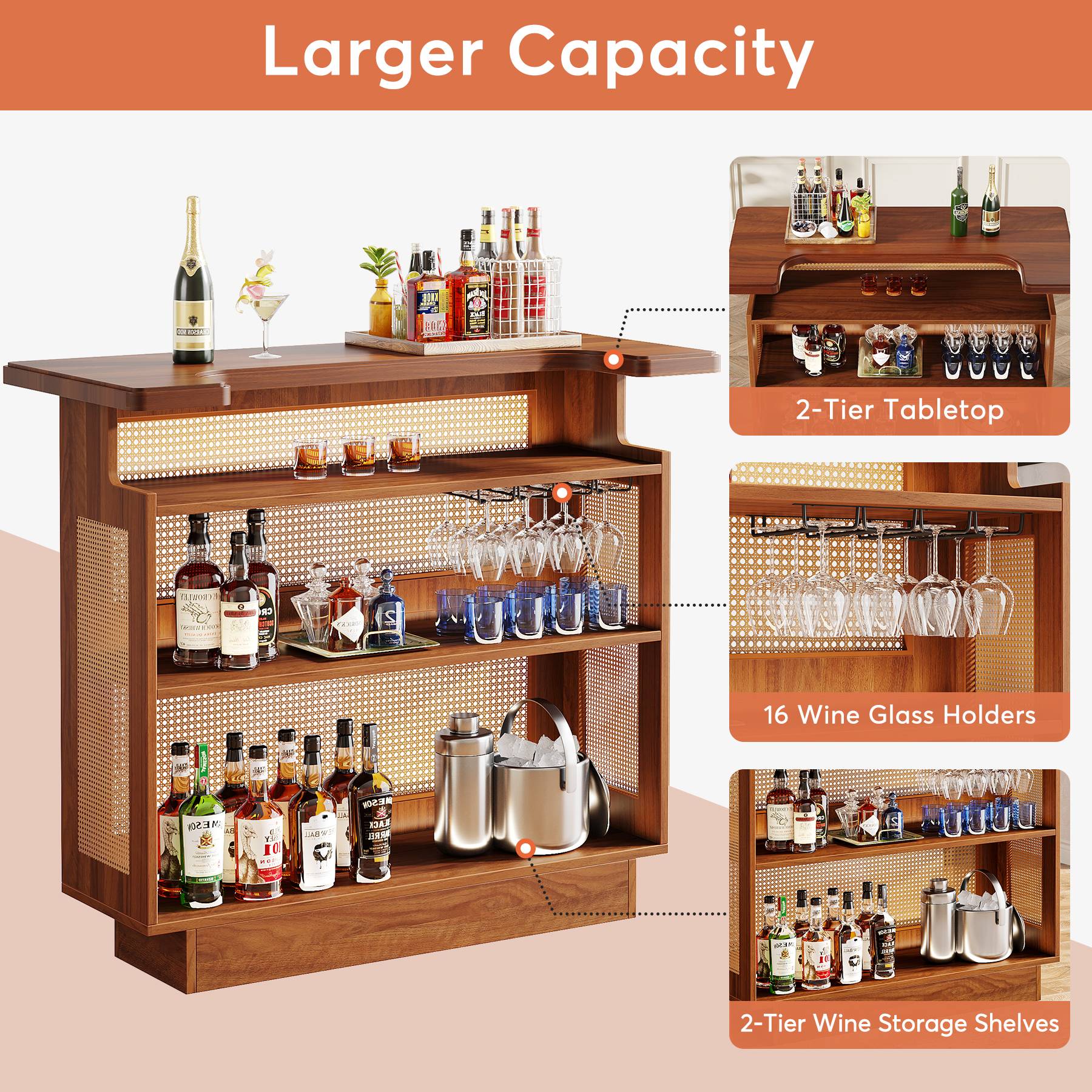 Rattan Home Bar Unit, 4-Tier Liquor Wine Bar Cabinet with Stemware Racks - Image 6