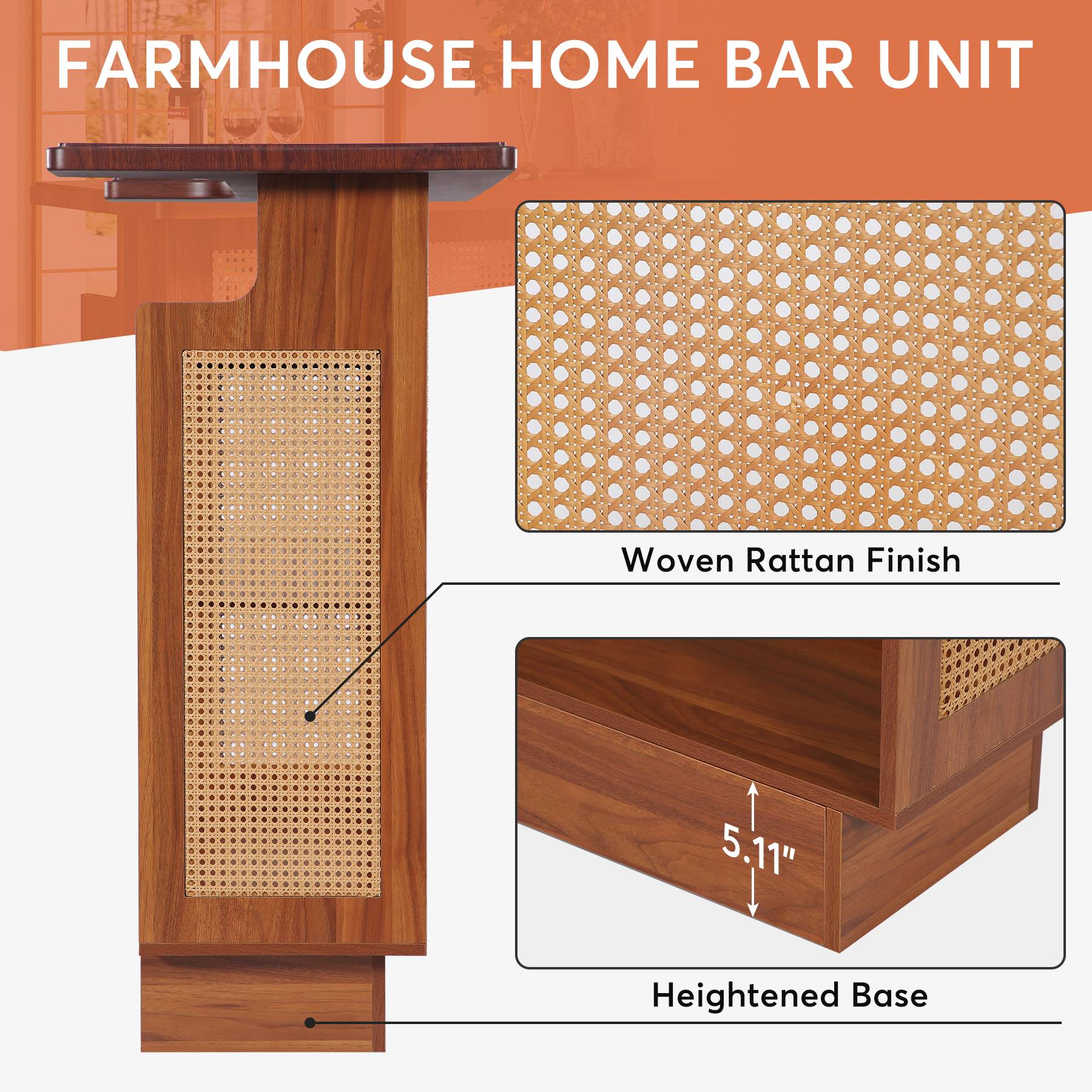 Rattan Home Bar Unit, 4-Tier Liquor Wine Bar Cabinet with Stemware Racks - Image 7