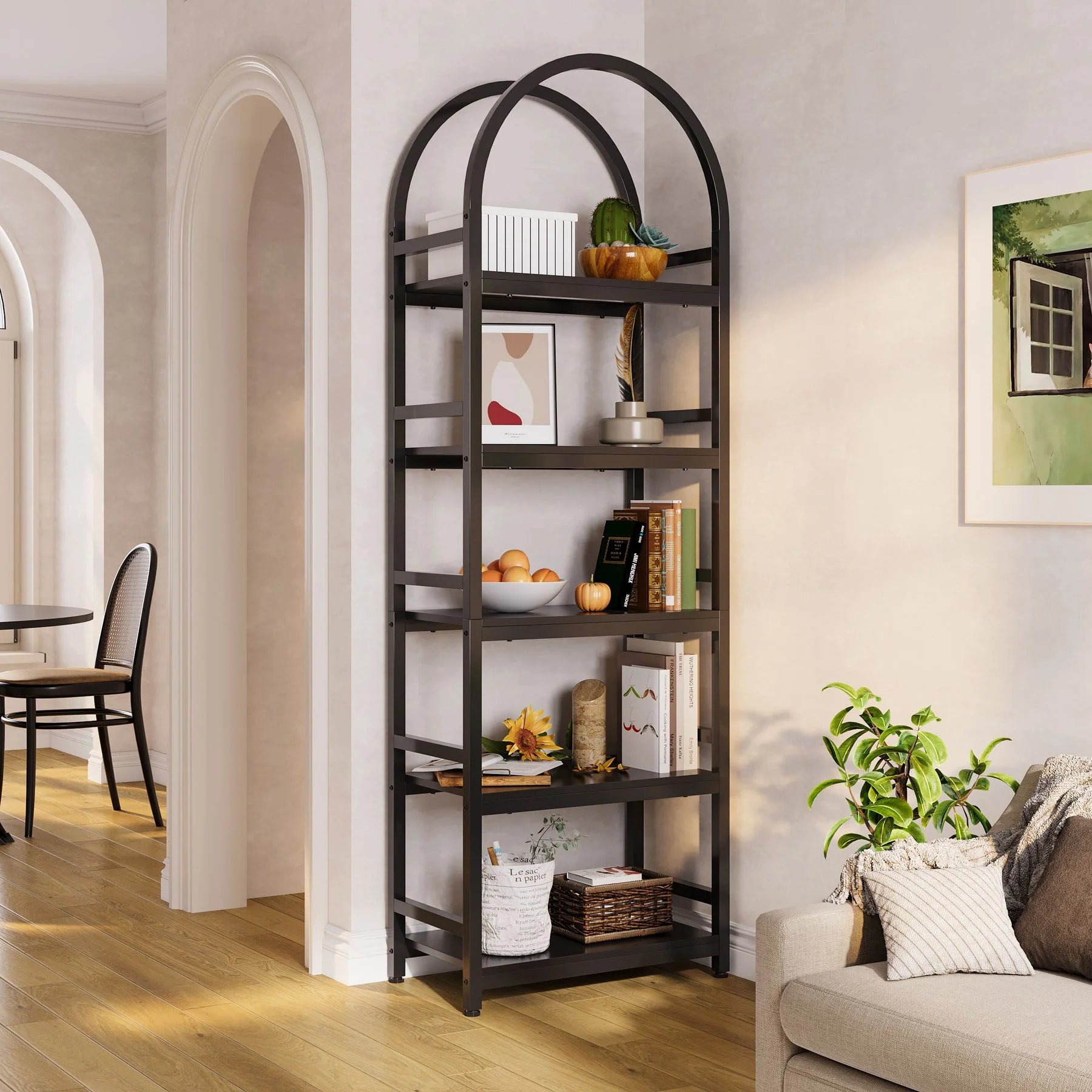4-Tier / 5-Tier Bookshelf, Arched Bookcase Display Rack with Storage Shelves - Image 10