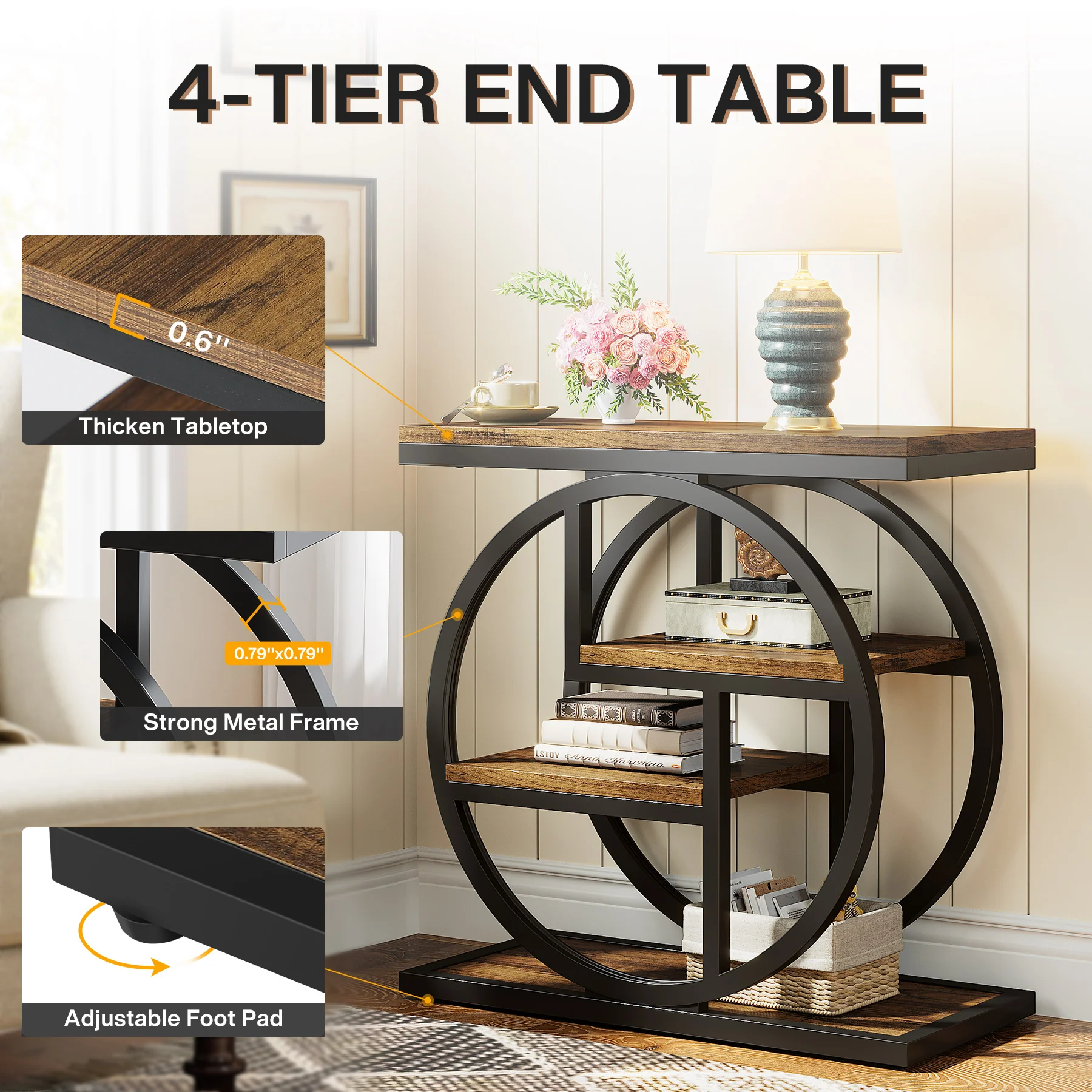 4-Tier End Table, Industrial Side Table with Storage Shelves for Living Room, Bedroom - Image 5