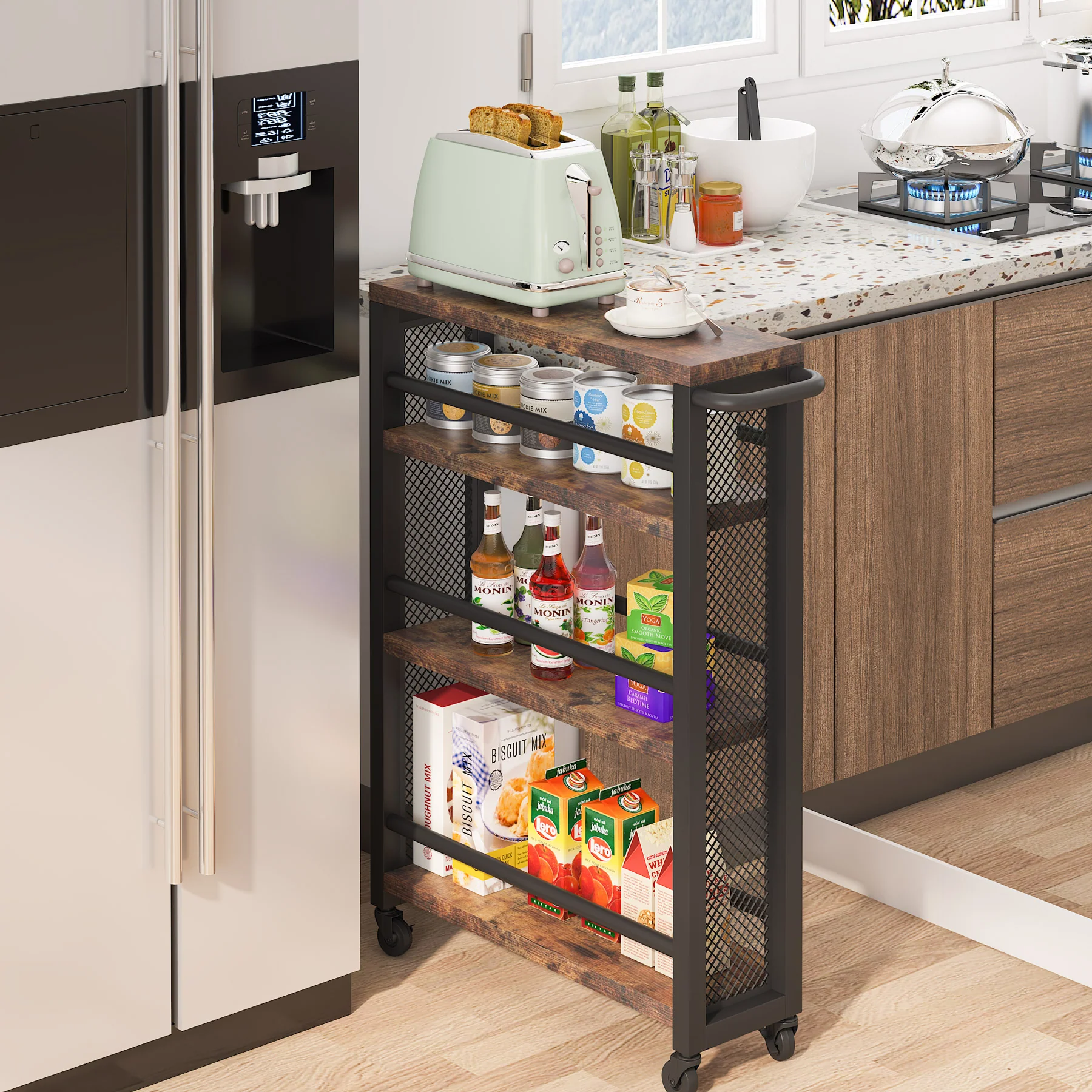 Slim Kitchen Cart, 4-Tier Storage Rolling Cart with Handle - Image 3