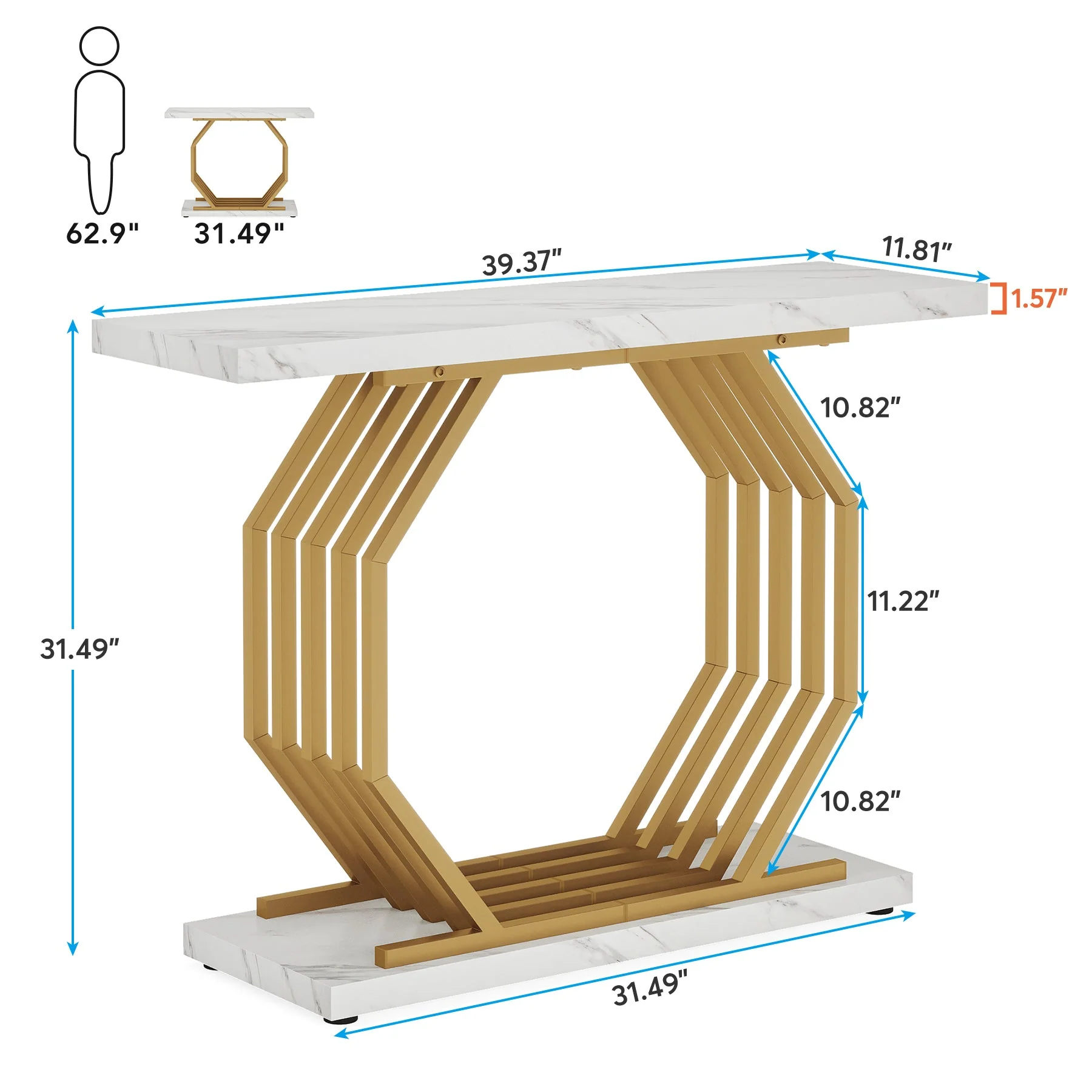 Faux Marble Console Table, 40" Accent Sofa Table with Geometric Metal Base - Image 2