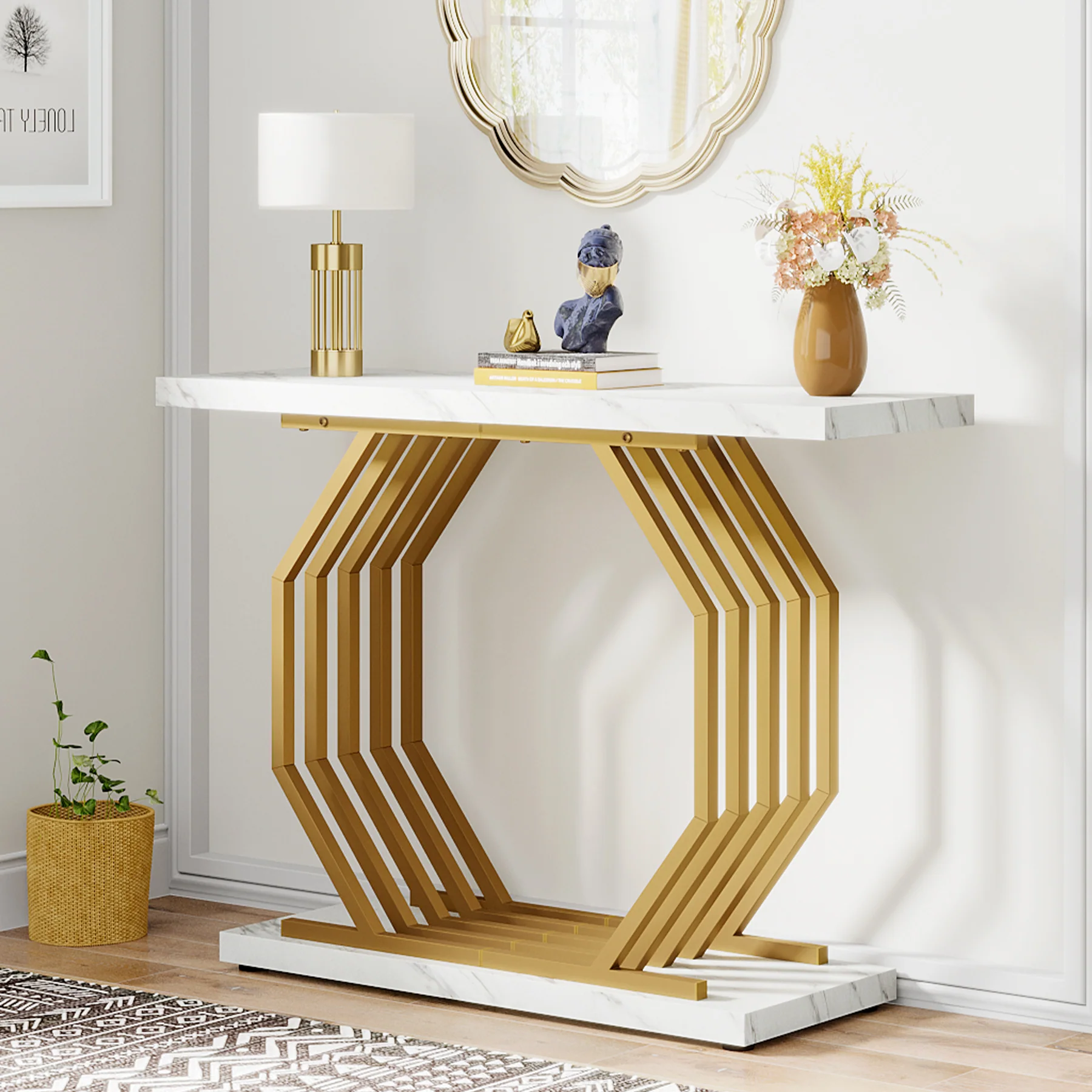Faux Marble Console Table, 40" Accent Sofa Table with Geometric Metal Base - Image 3