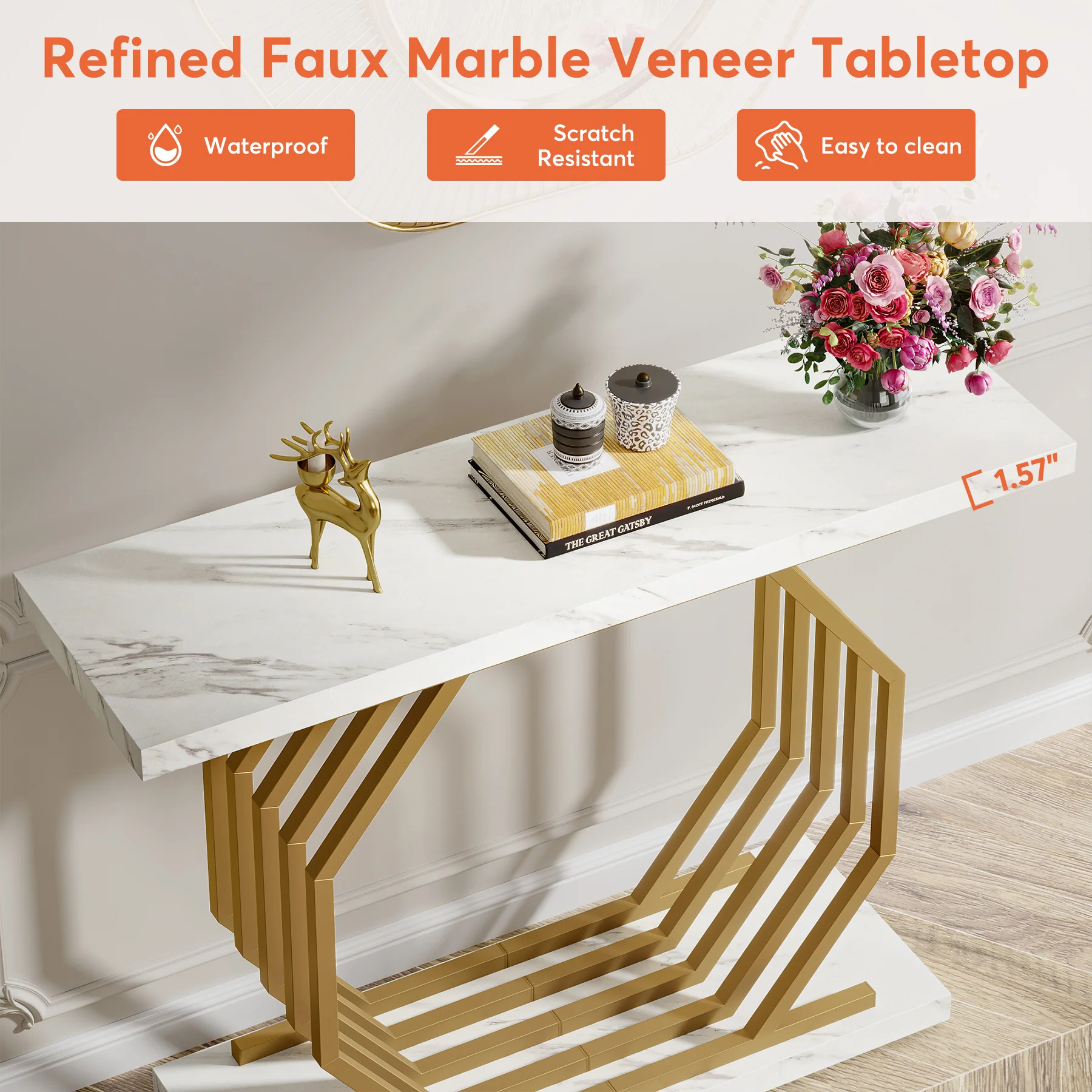 Faux Marble Console Table, 40" Accent Sofa Table with Geometric Metal Base - Image 5