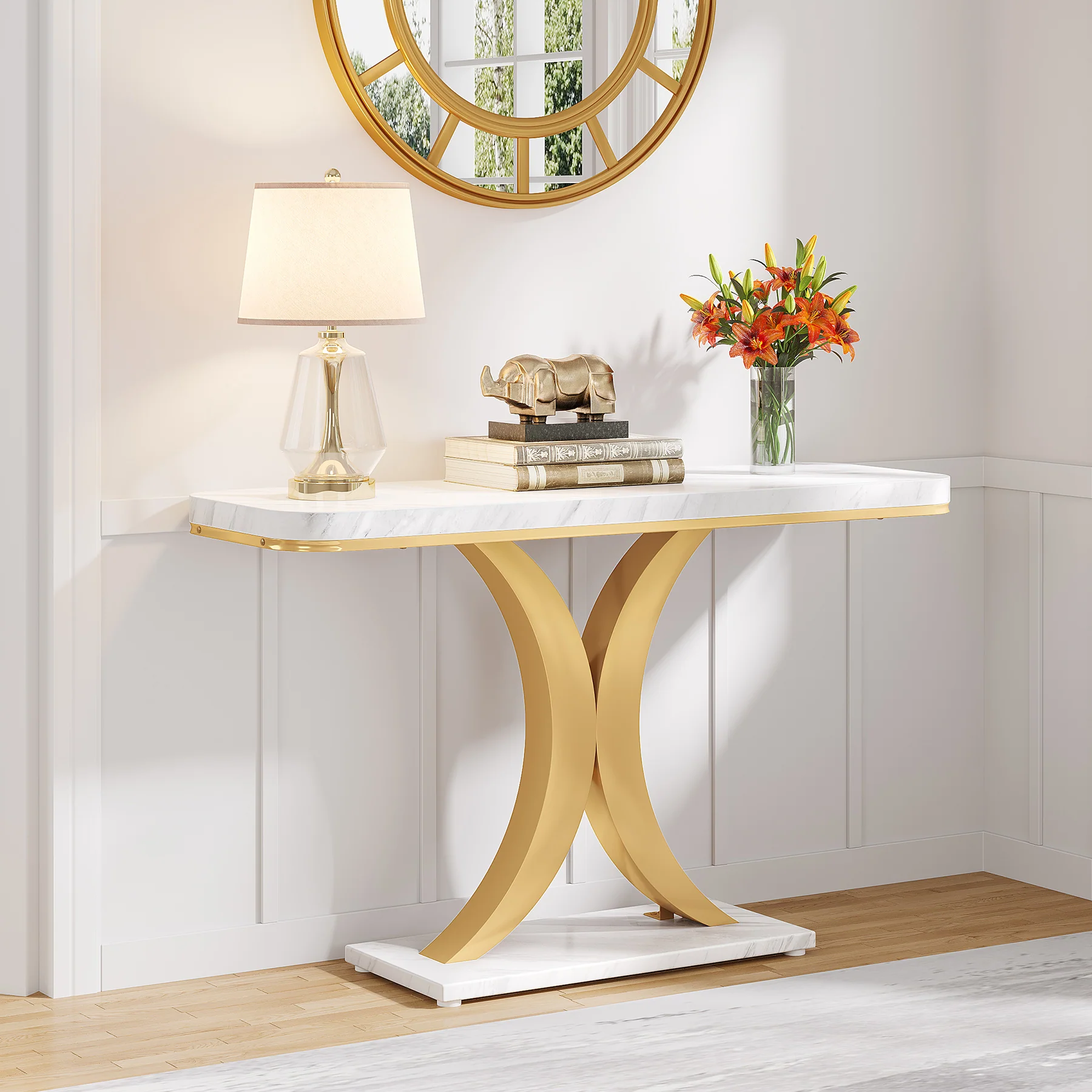 40" Console Table, Narrow Entryway Foyer Table with Geometric Base - Image 4