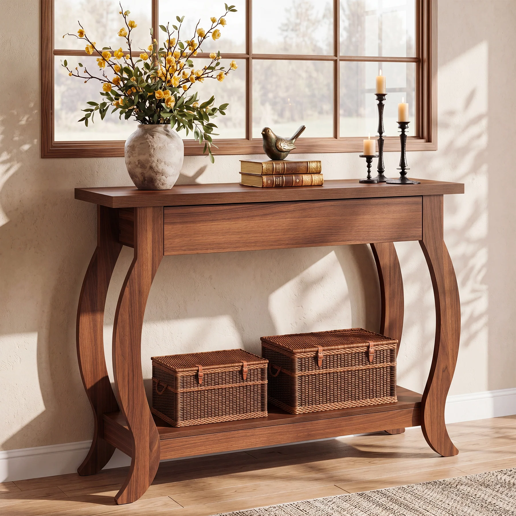 41.3" Console Table with Curved Legs, Farmhouse Sofa Table with Drawer and Shelf