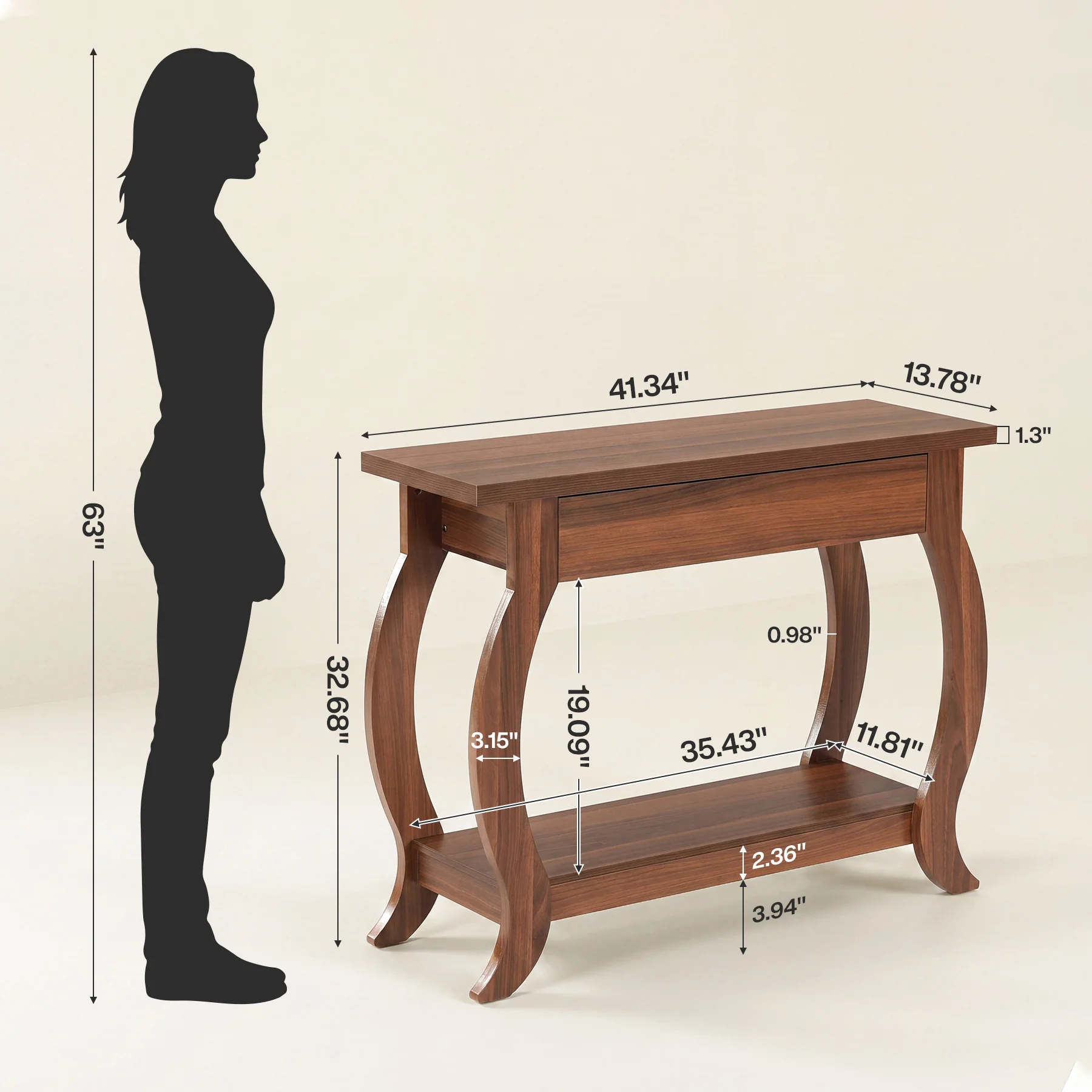 41.3" Console Table with Curved Legs, Farmhouse Sofa Table with Drawer and Shelf - Image 2