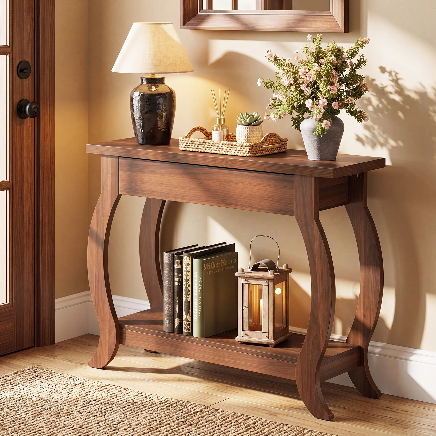 41.3" Console Table with Curved Legs, Farmhouse Sofa Table with Drawer and Shelf - Image 3