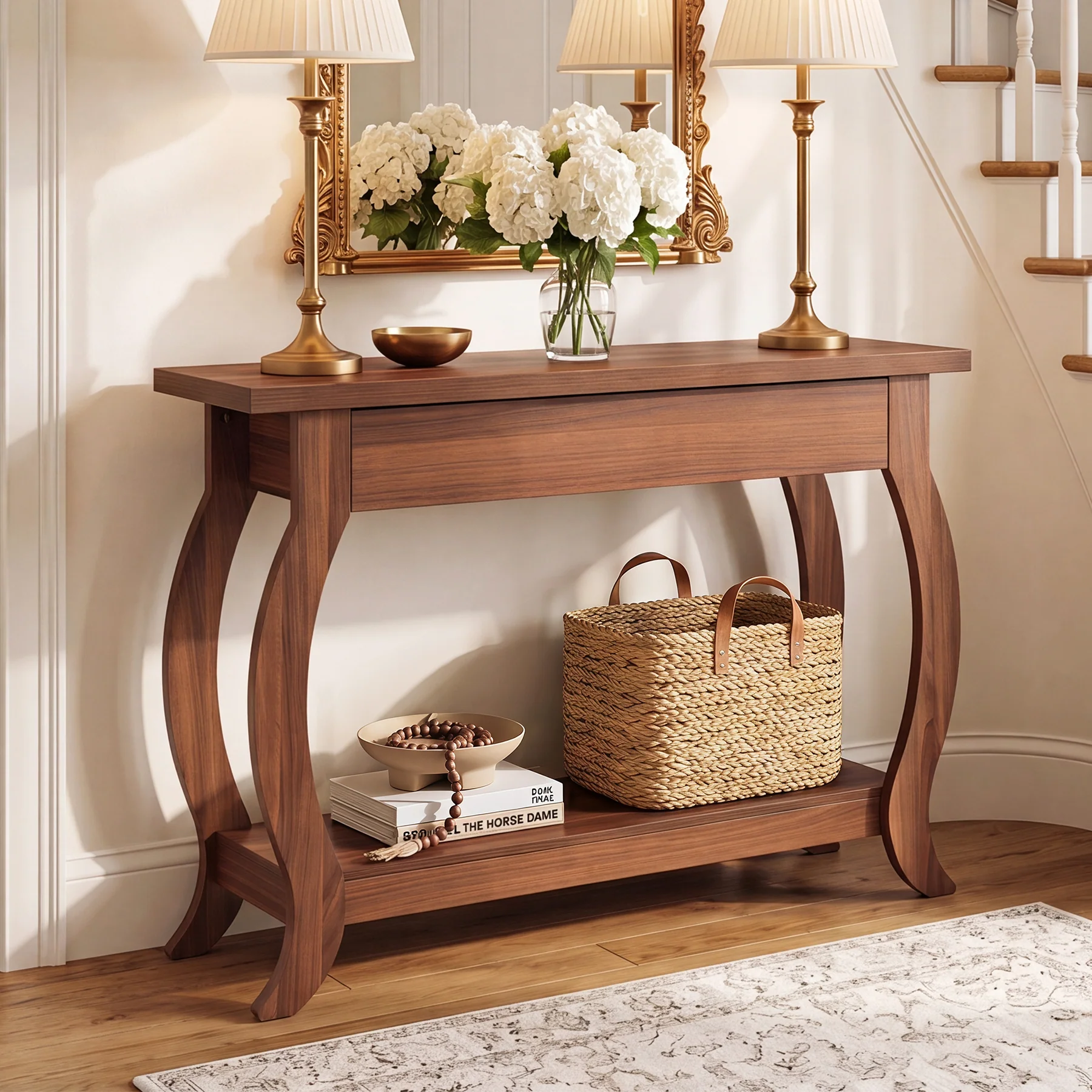 41.3" Console Table with Curved Legs, Farmhouse Sofa Table with Drawer and Shelf - Image 4