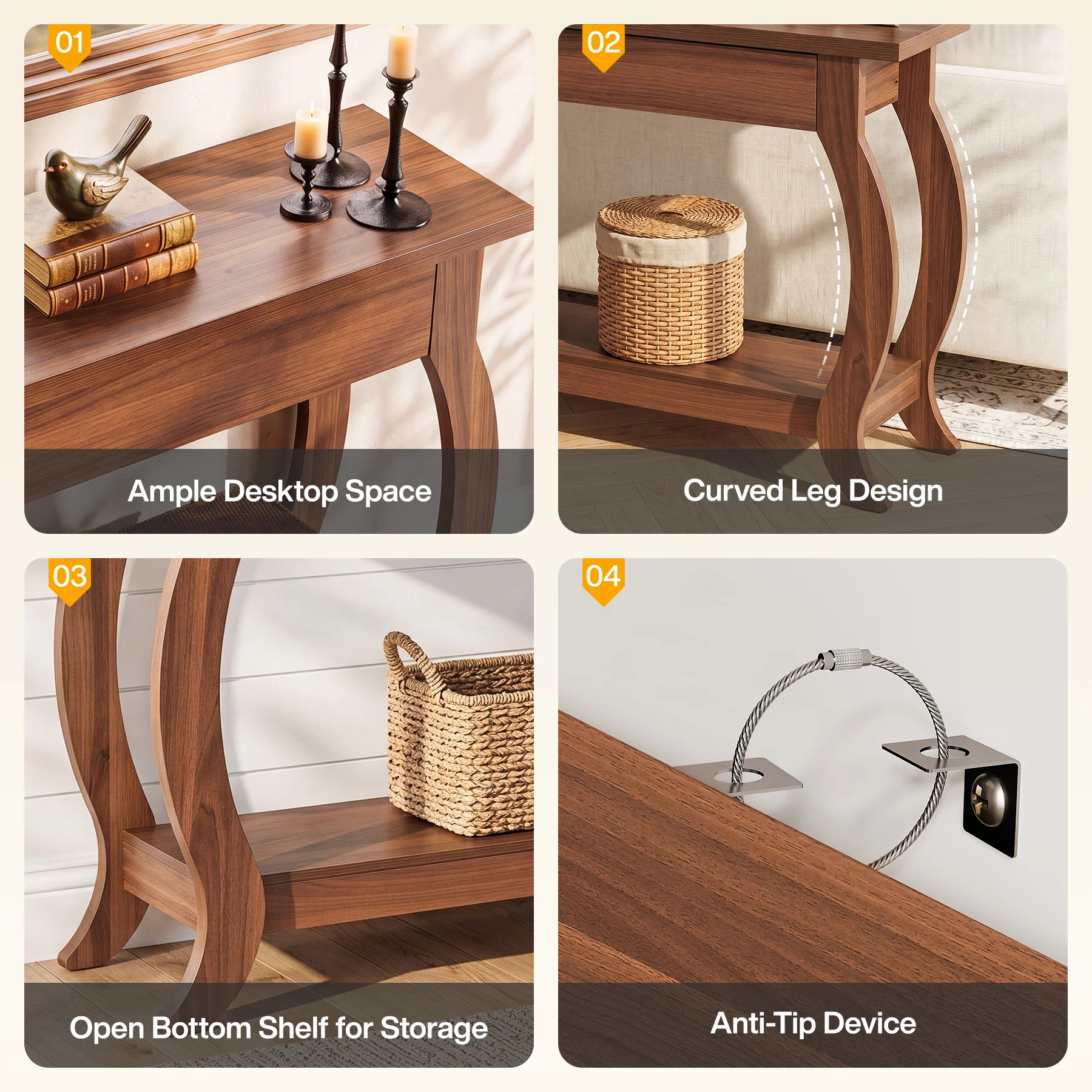 41.3" Console Table with Curved Legs, Farmhouse Sofa Table with Drawer and Shelf - Image 7