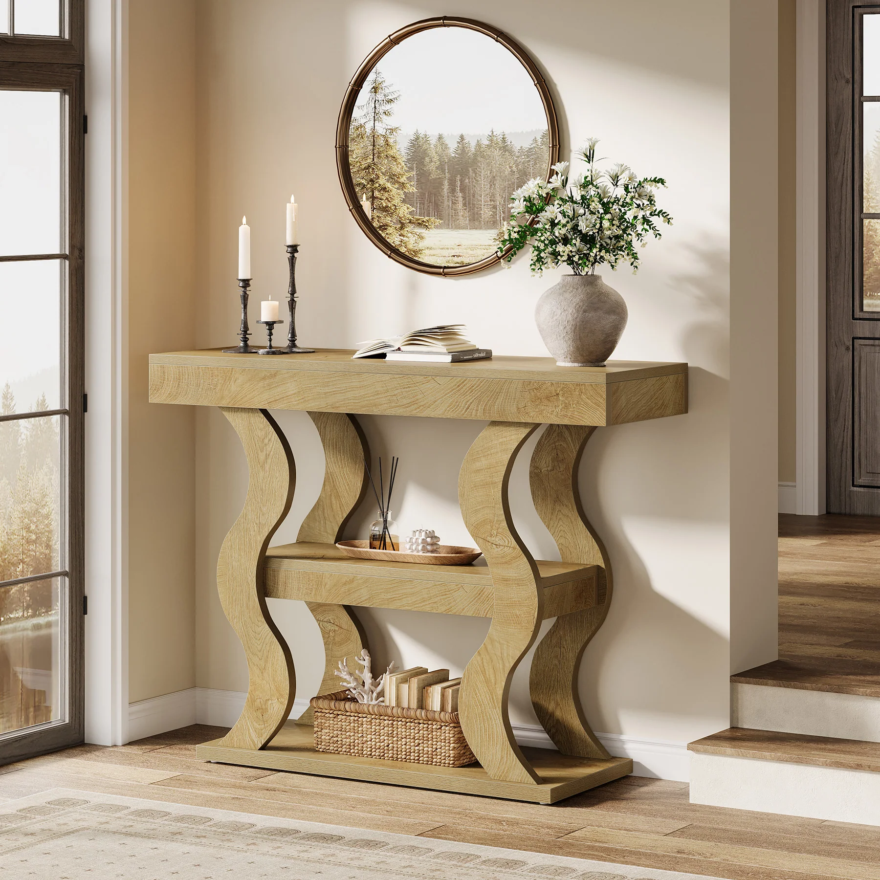 41" Console Table, 3-Tier Sofa Table with Storage Shelves and Curved Frame