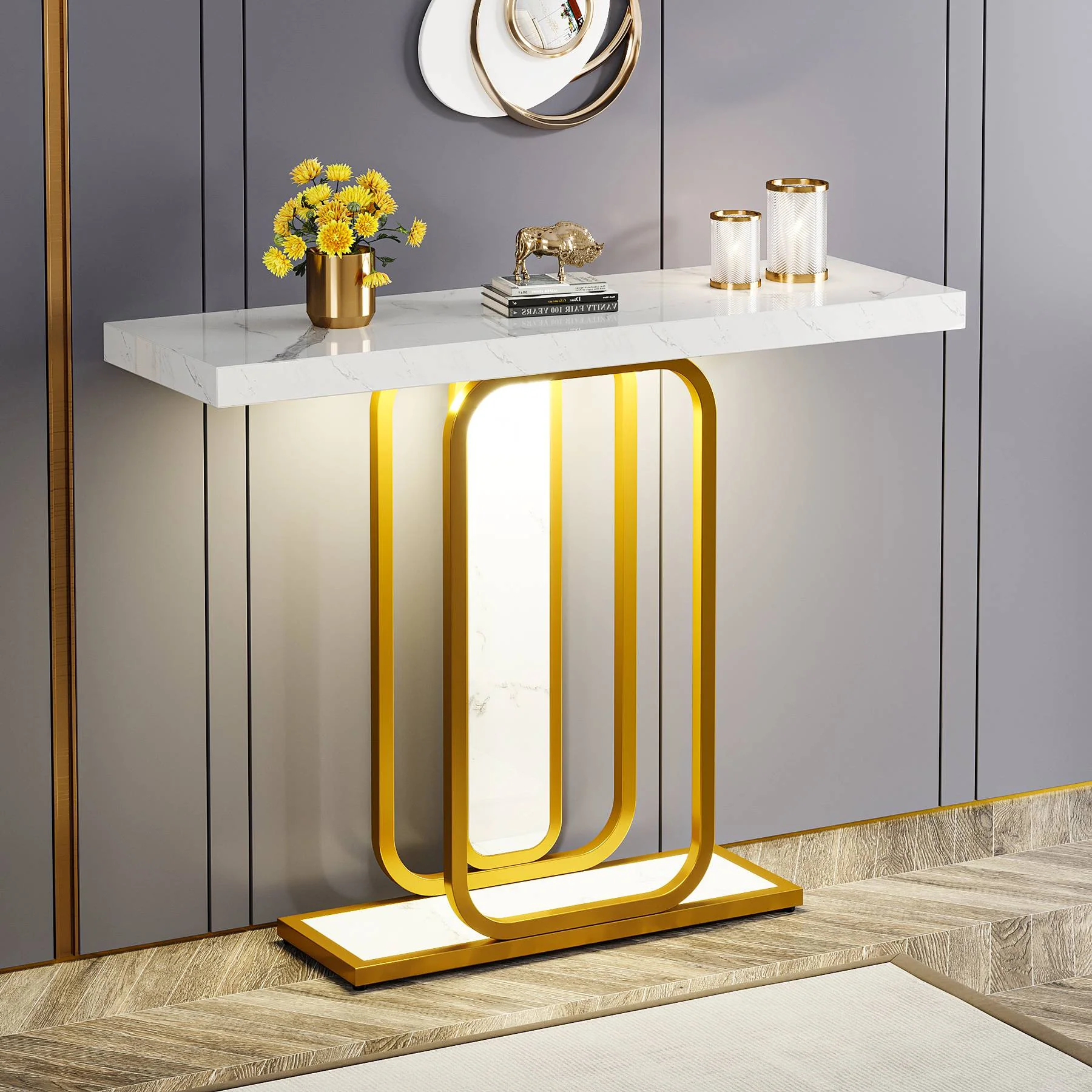 Modern Console Table, 41" Faux Marble Sofa Table with LED Lights