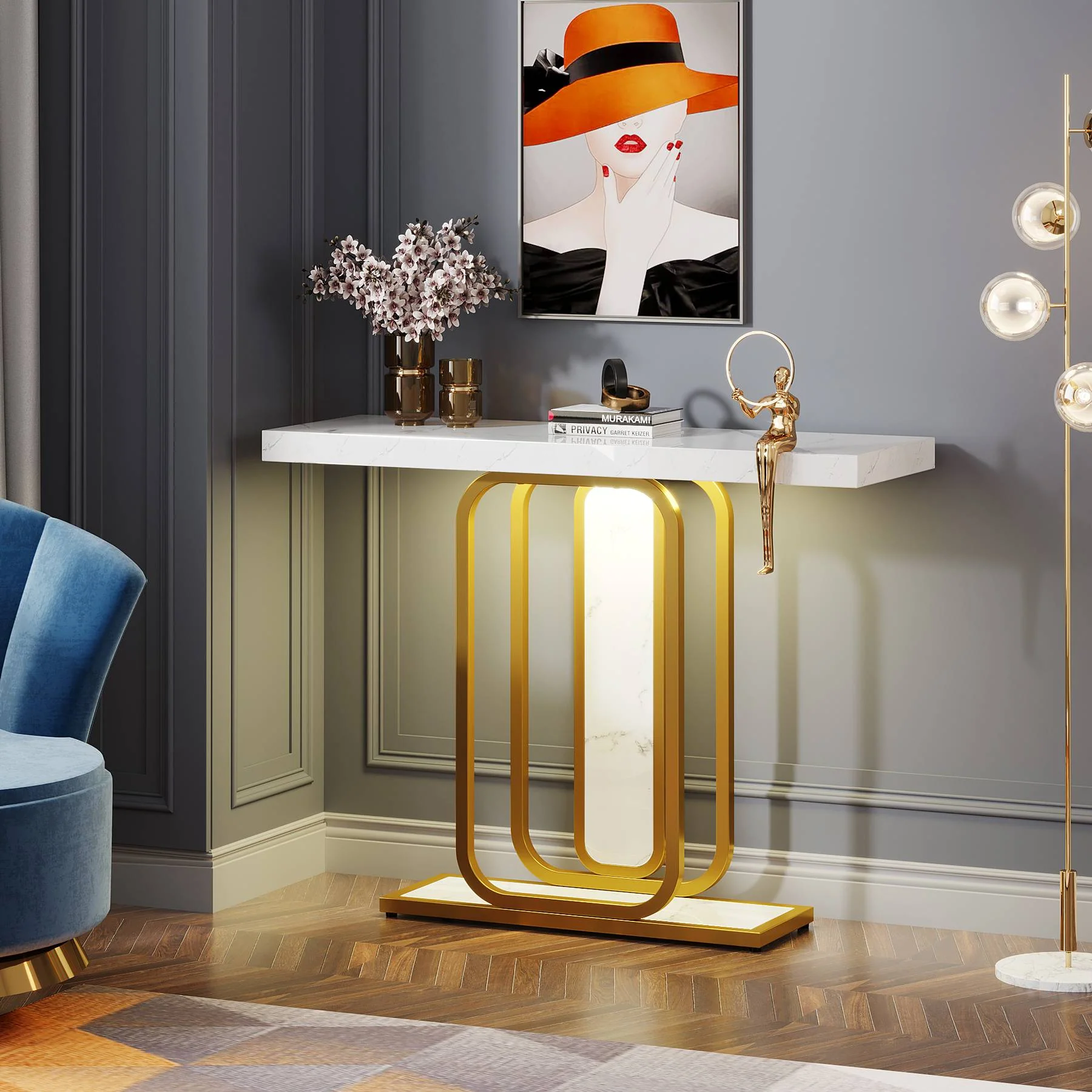 Modern Console Table, 41" Faux Marble Sofa Table with LED Lights - Image 3