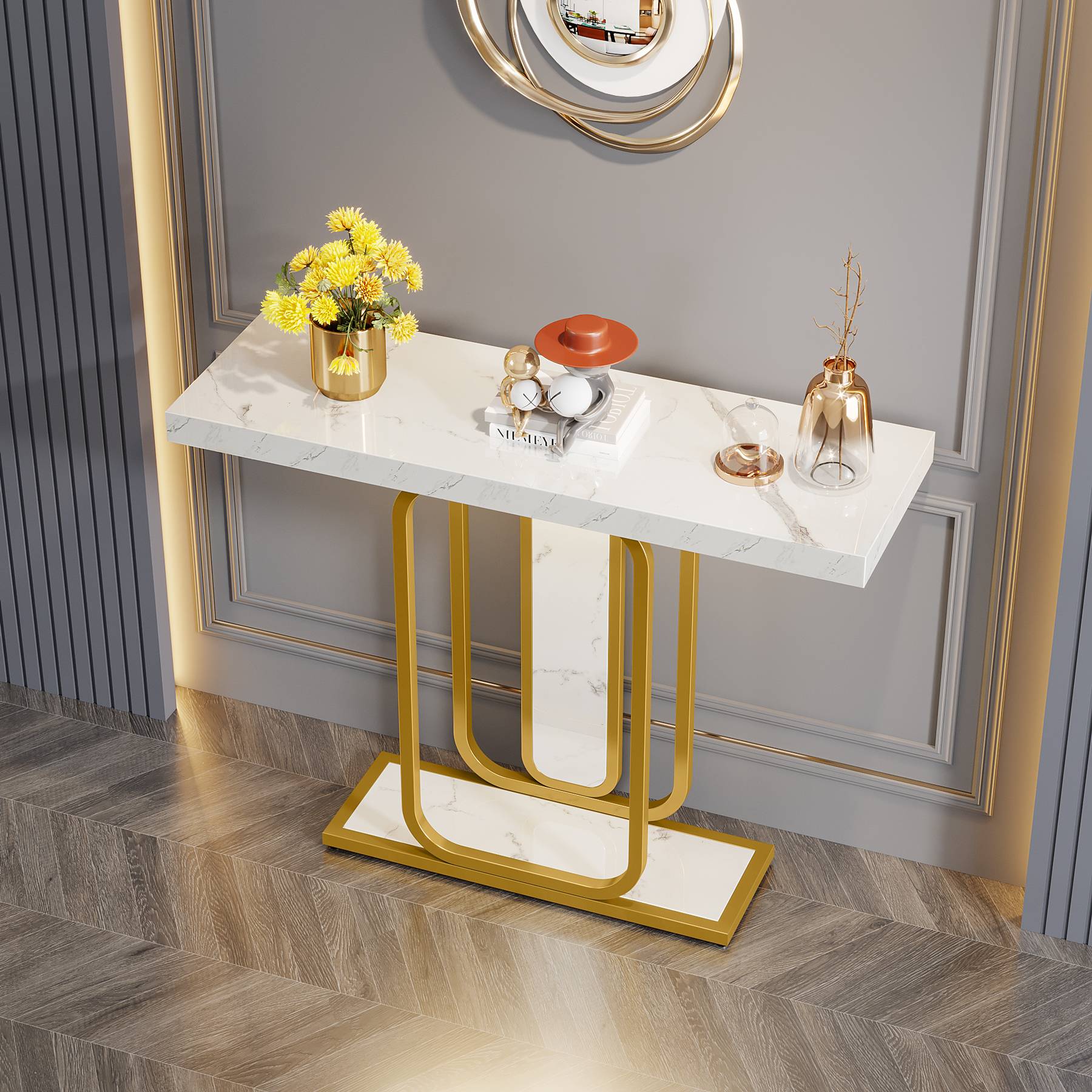 Modern Console Table, 41" Faux Marble Sofa Table with LED Lights - Image 4
