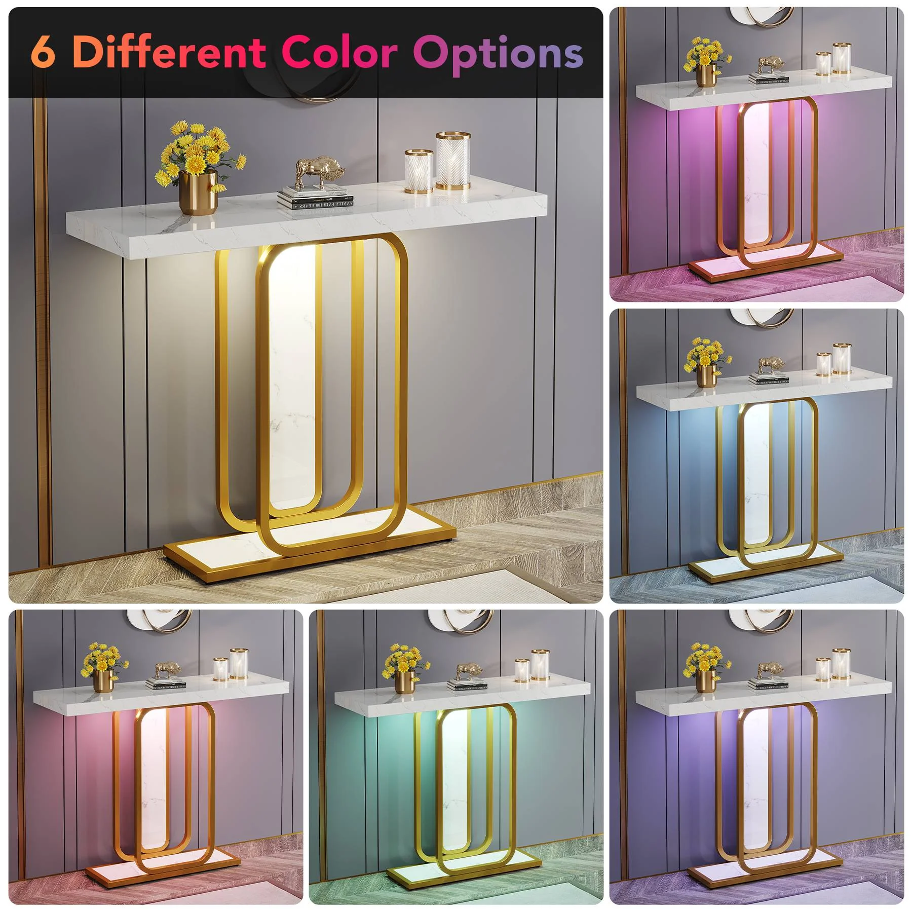 Modern Console Table, 41" Faux Marble Sofa Table with LED Lights - Image 5