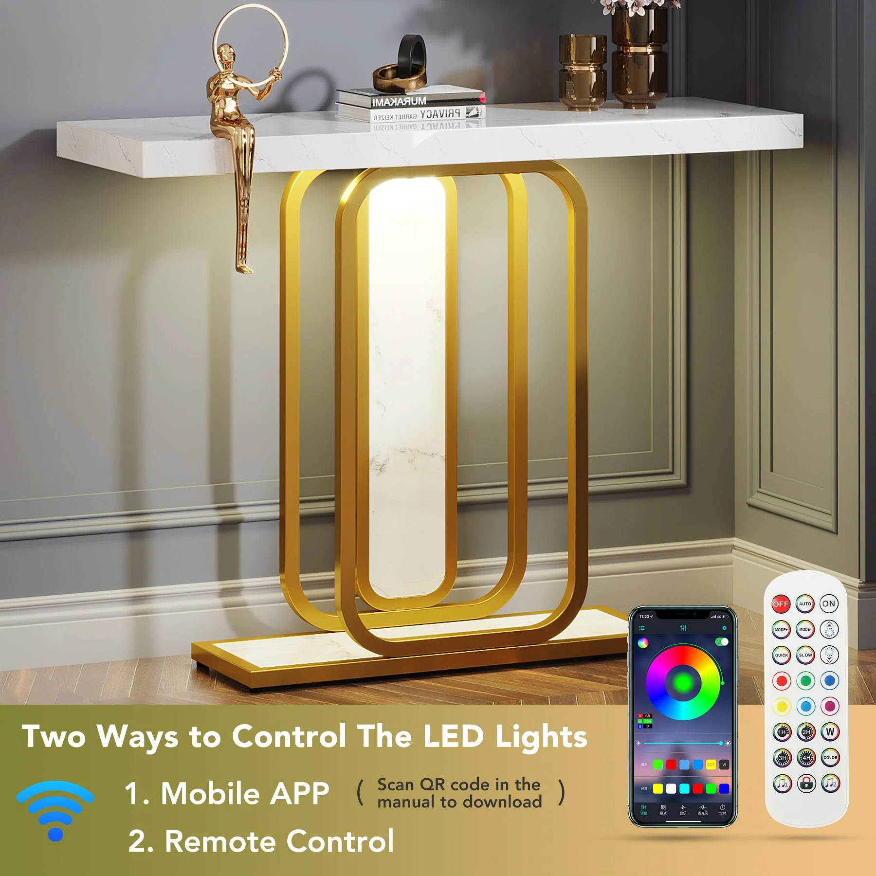 Modern Console Table, 41" Faux Marble Sofa Table with LED Lights - Image 6