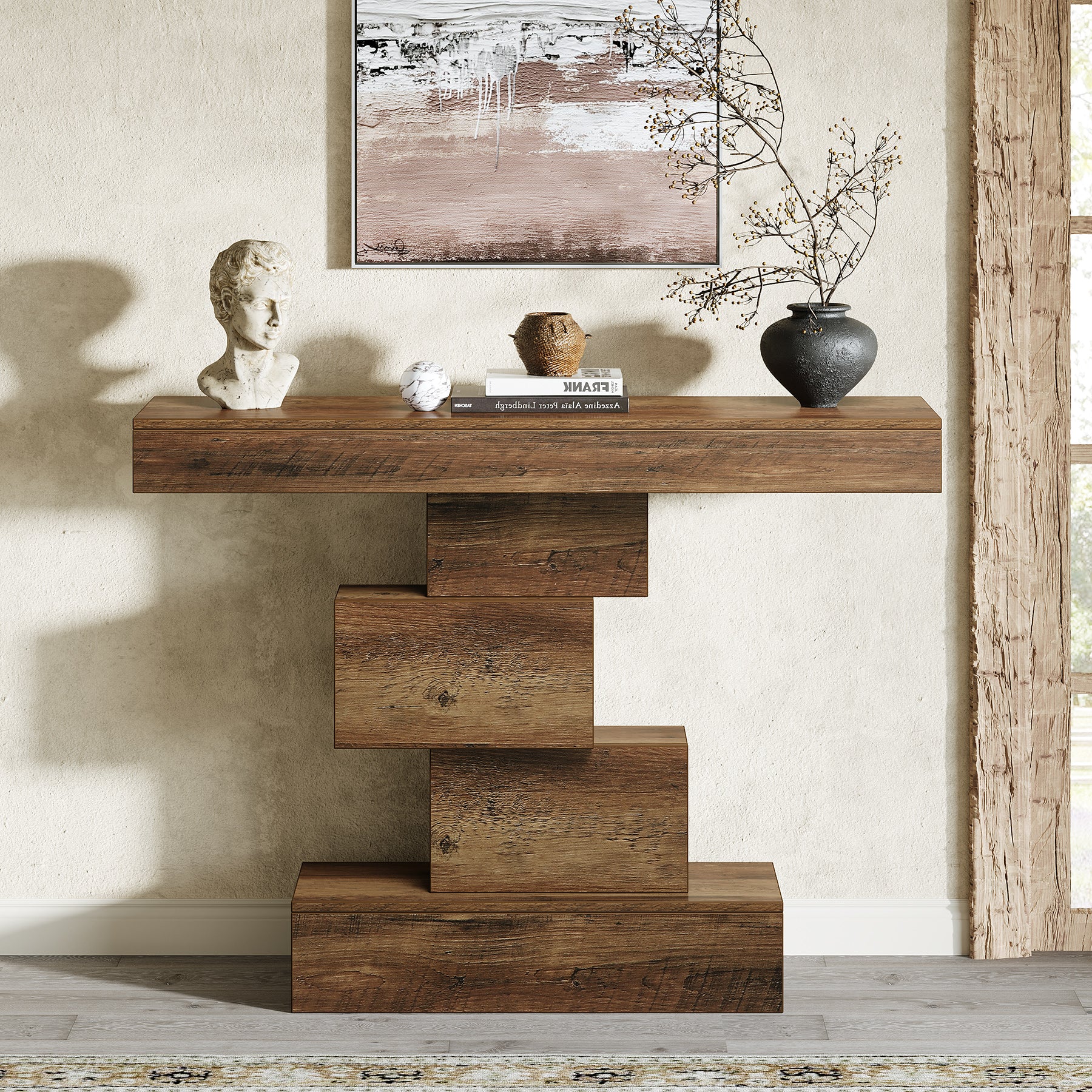 42.5" Rustic Brown Farmhouse Console, Industrial Geometric Sofa Table for Hallway Entrance - Image 12