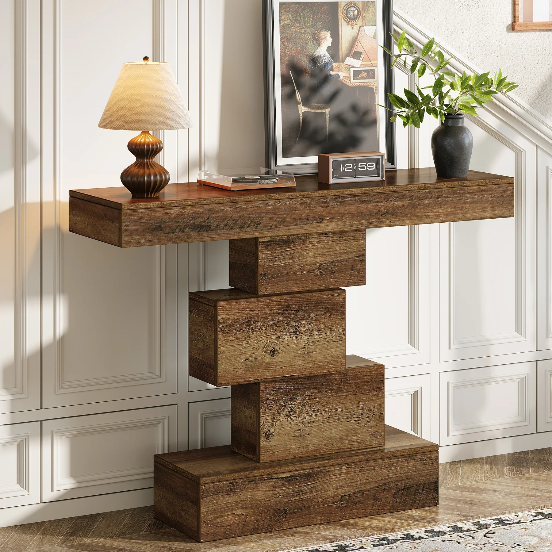 42.5" Rustic Brown Farmhouse Console, Industrial Geometric Sofa Table for Hallway Entrance - Image 13