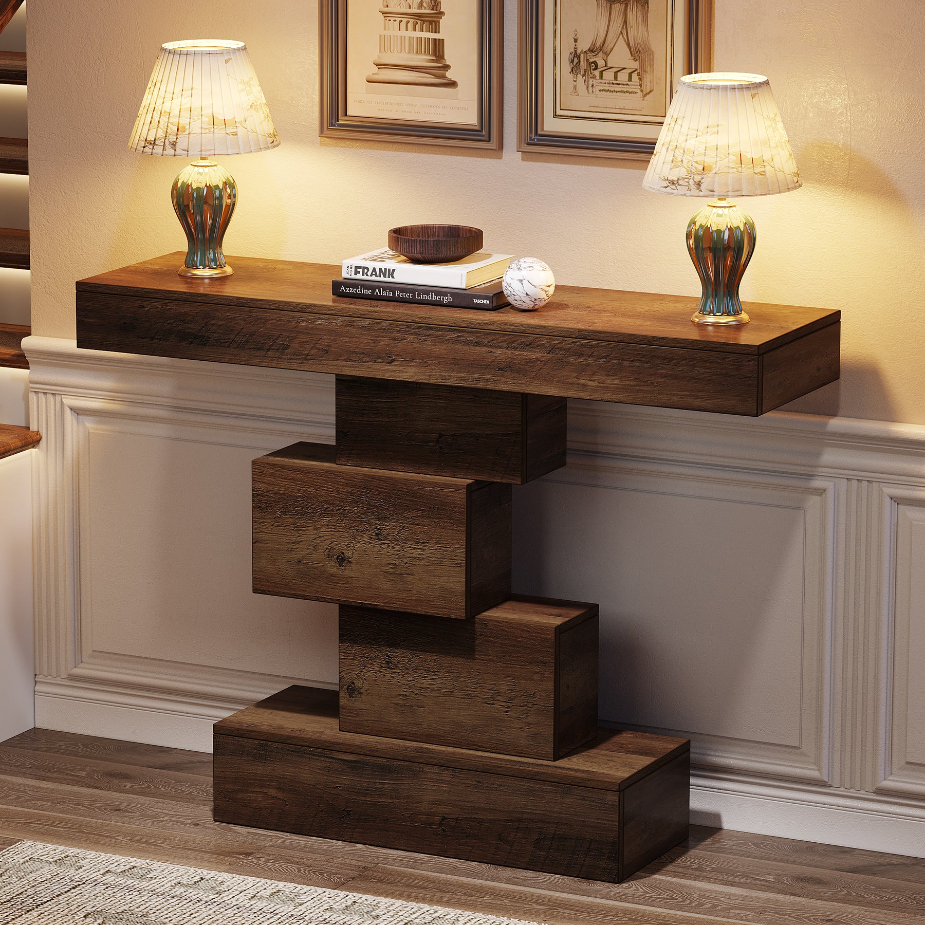 42.5" Rustic Brown Farmhouse Console, Industrial Geometric Sofa Table for Hallway Entrance - Image 14