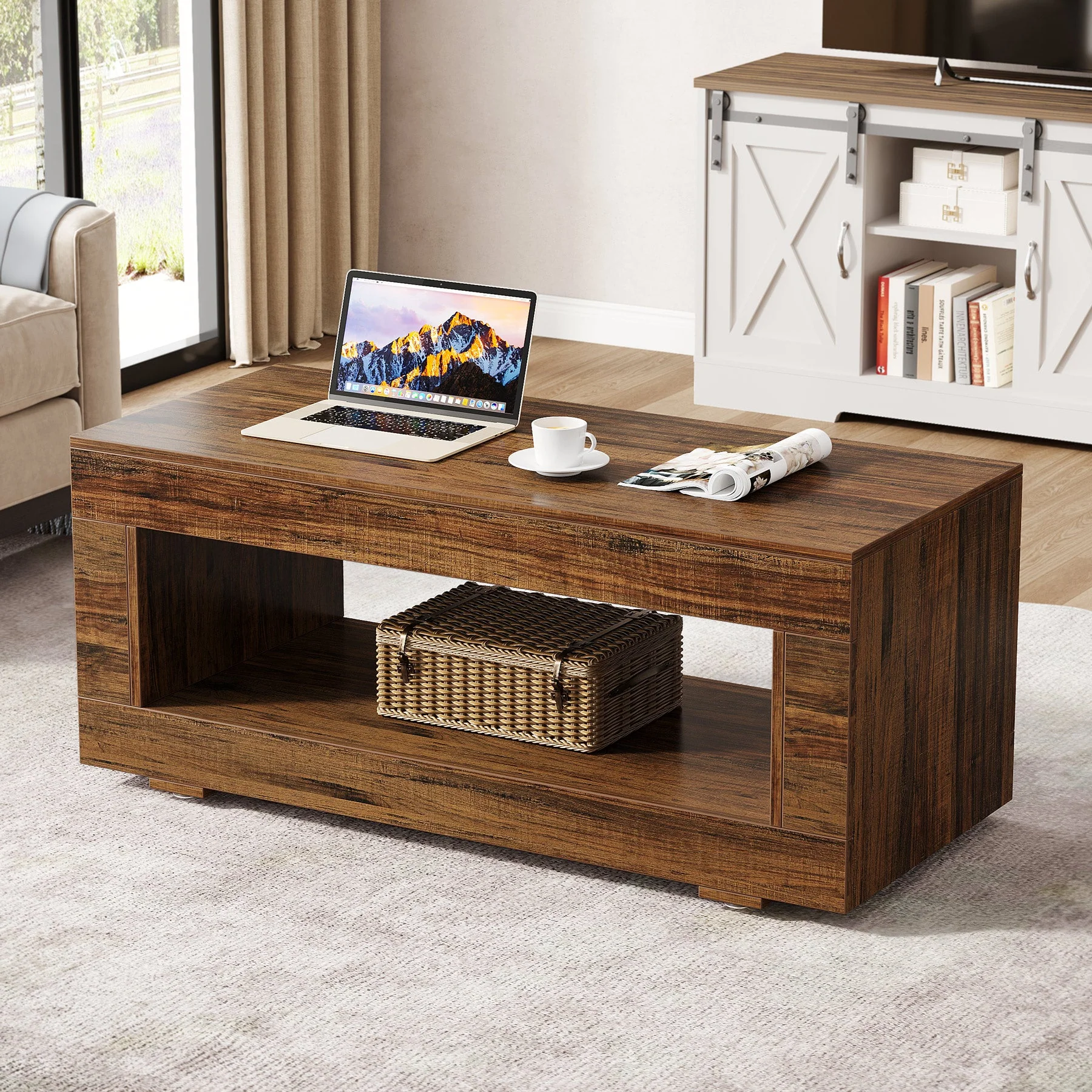 43" Coffee Table, Farmhouse Center Table With Storage - Image 3