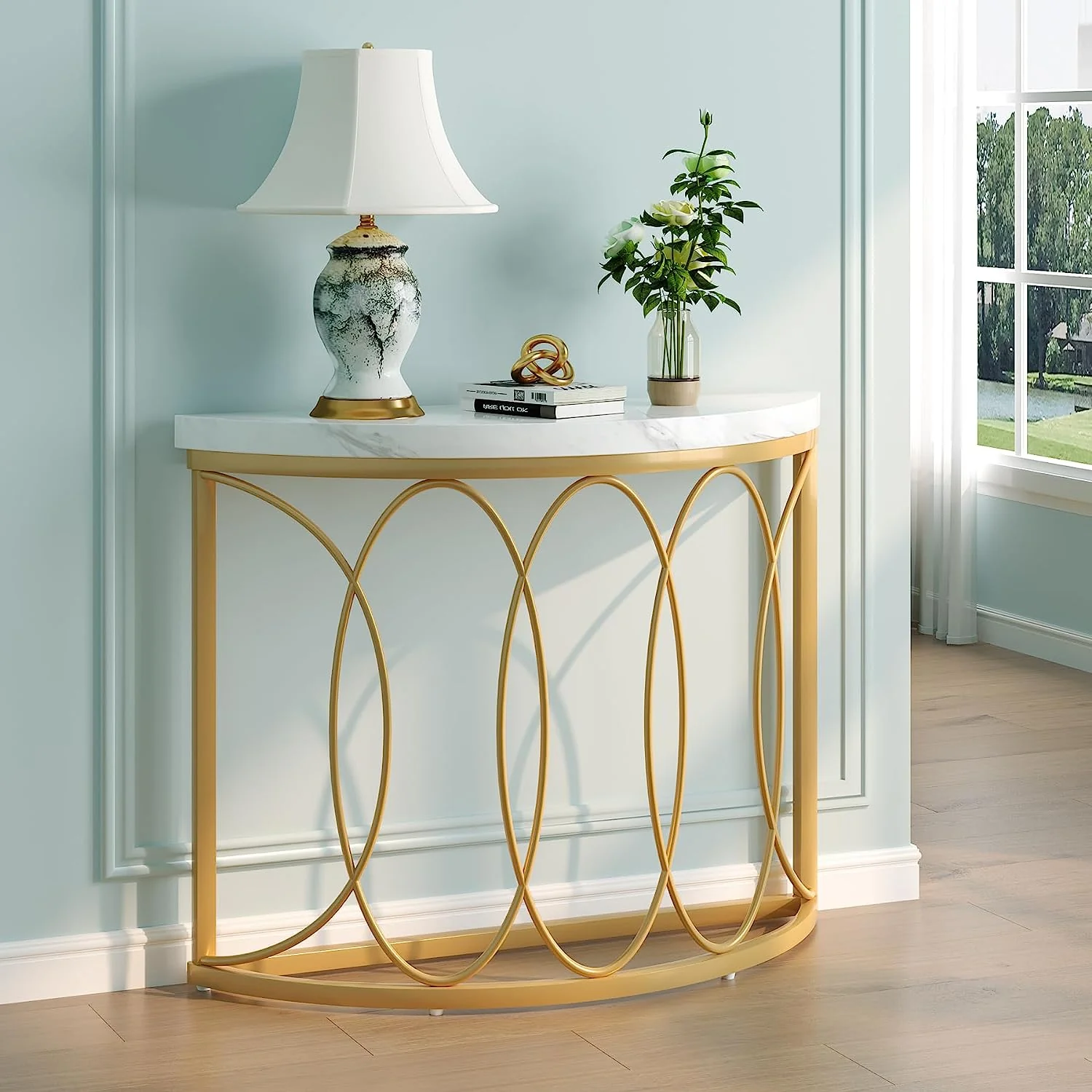 Faux Marble Console Table, 43" Half Moon Sofa Entryway Table