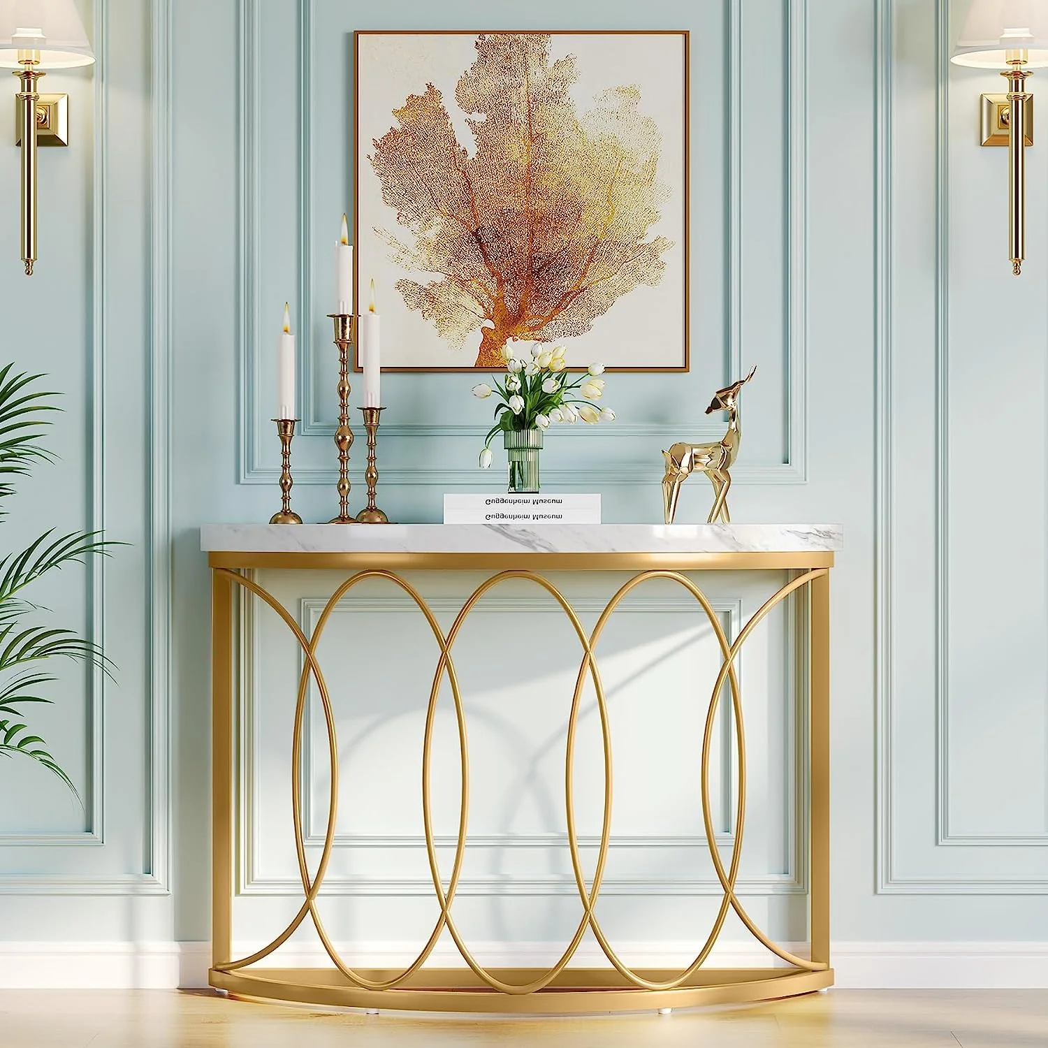 Faux Marble Console Table, 43" Half Moon Sofa Entryway Table - Image 3