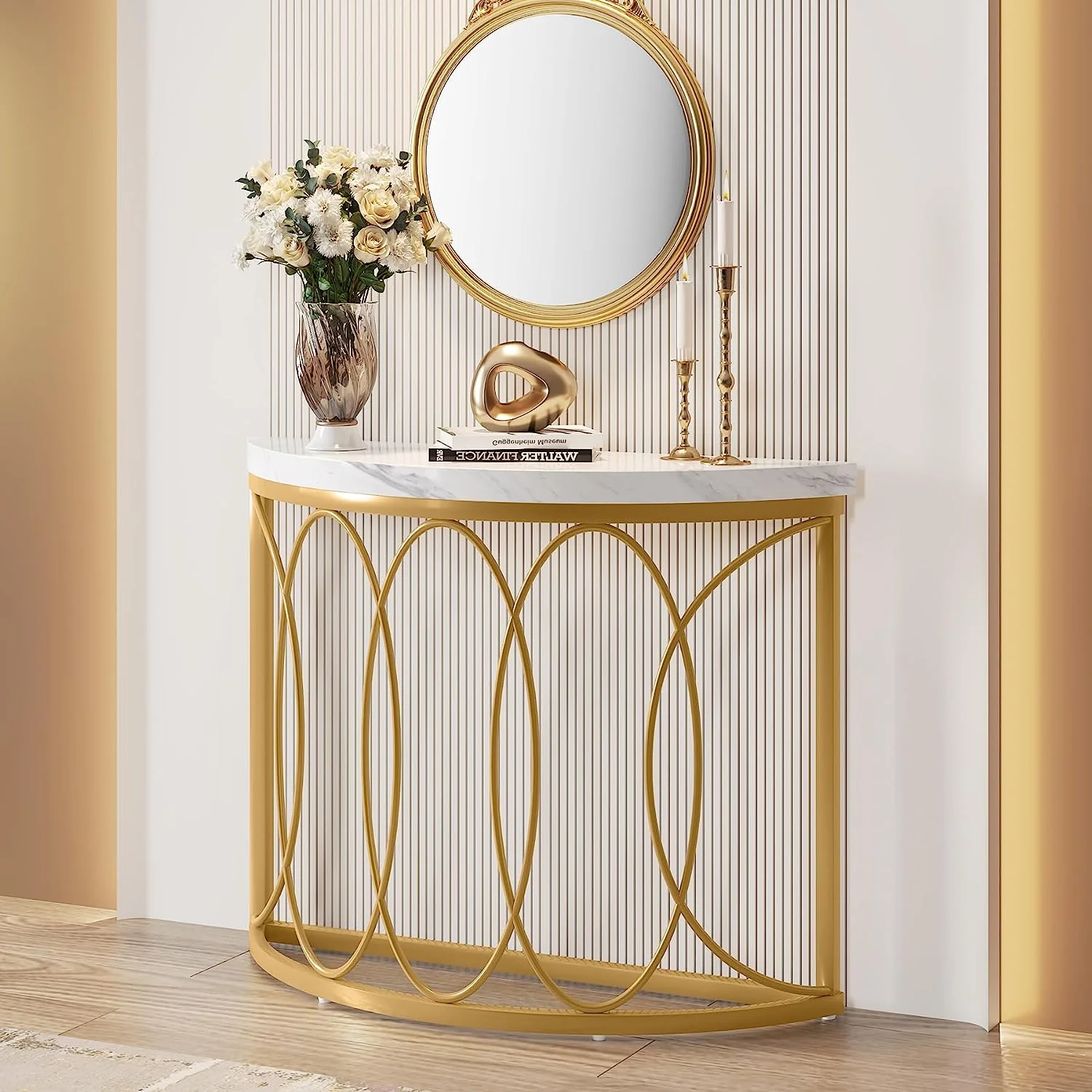 Faux Marble Console Table, 43" Half Moon Sofa Entryway Table - Image 4