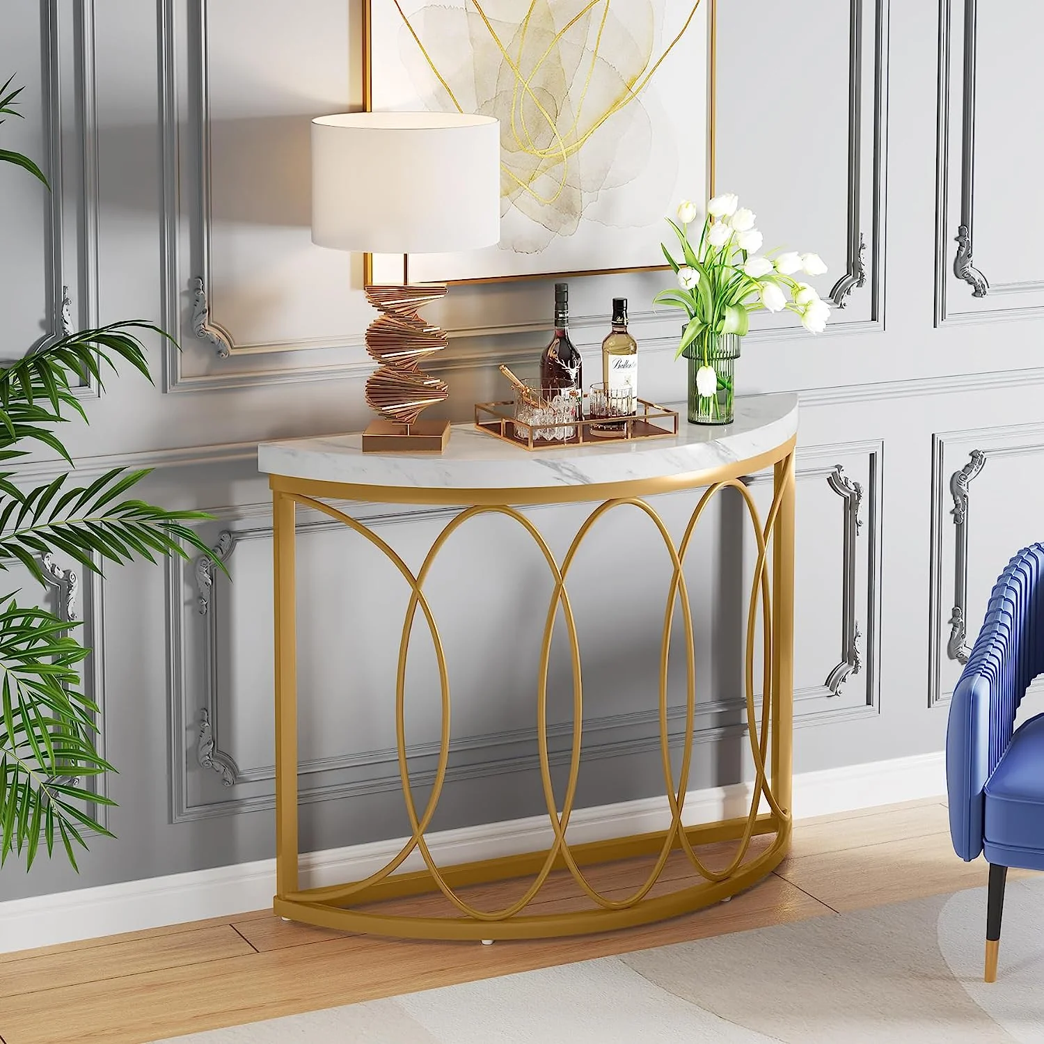 Faux Marble Console Table, 43" Half Moon Sofa Entryway Table - Image 5