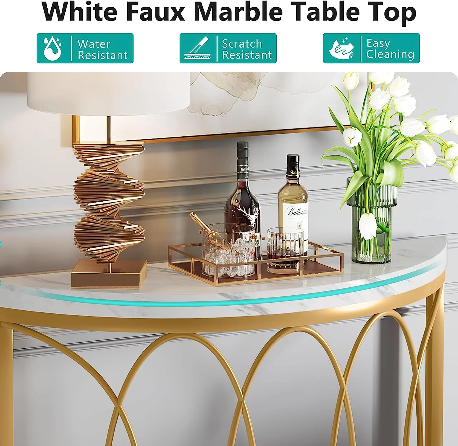 Faux Marble Console Table, 43" Half Moon Sofa Entryway Table - Image 6