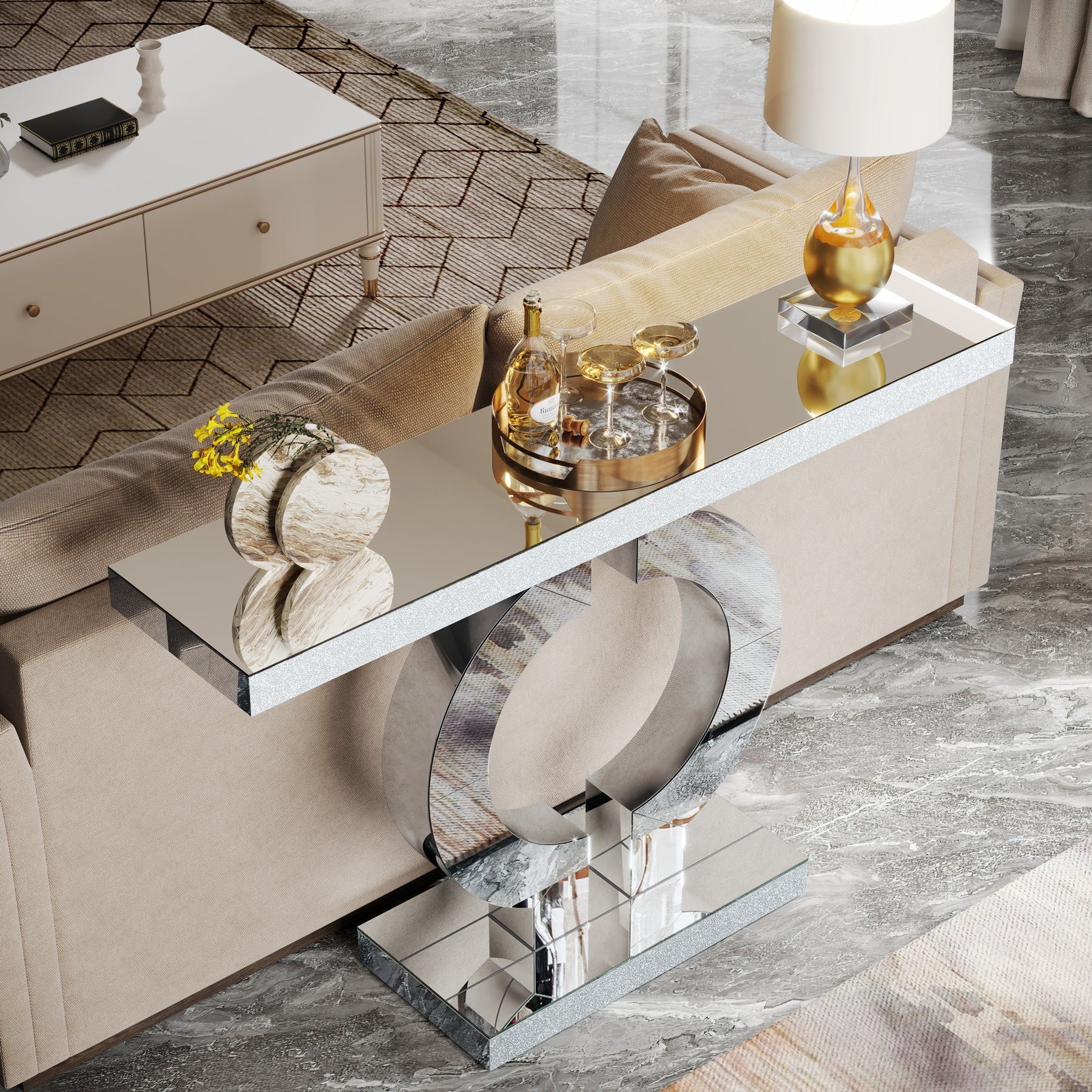 43" Mirrored Console Table, Modern Silver Sofa Table with O-Shaped Base - Image 4