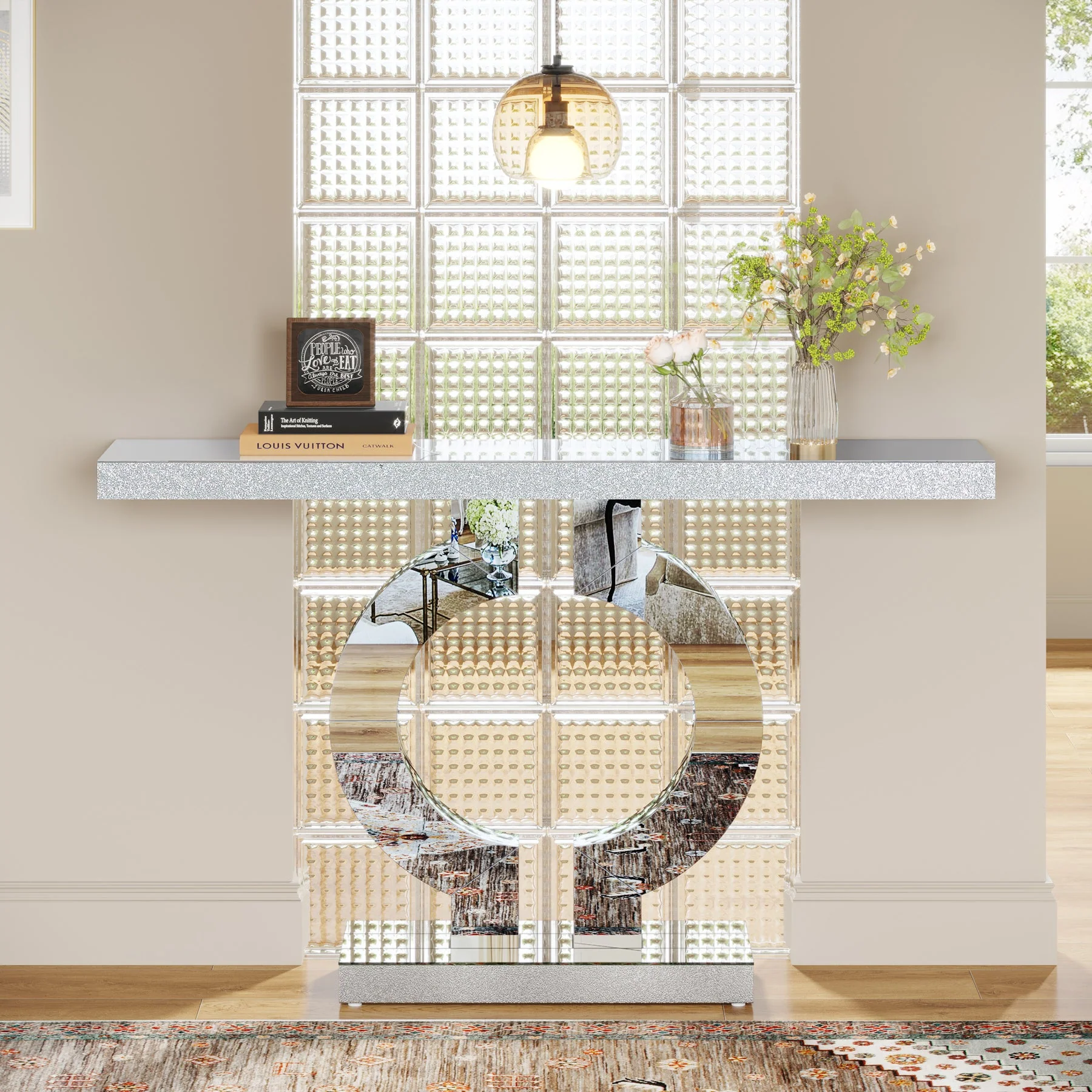 43" Mirrored Console Table, Modern Silver Sofa Table with O-Shaped Base - Image 6
