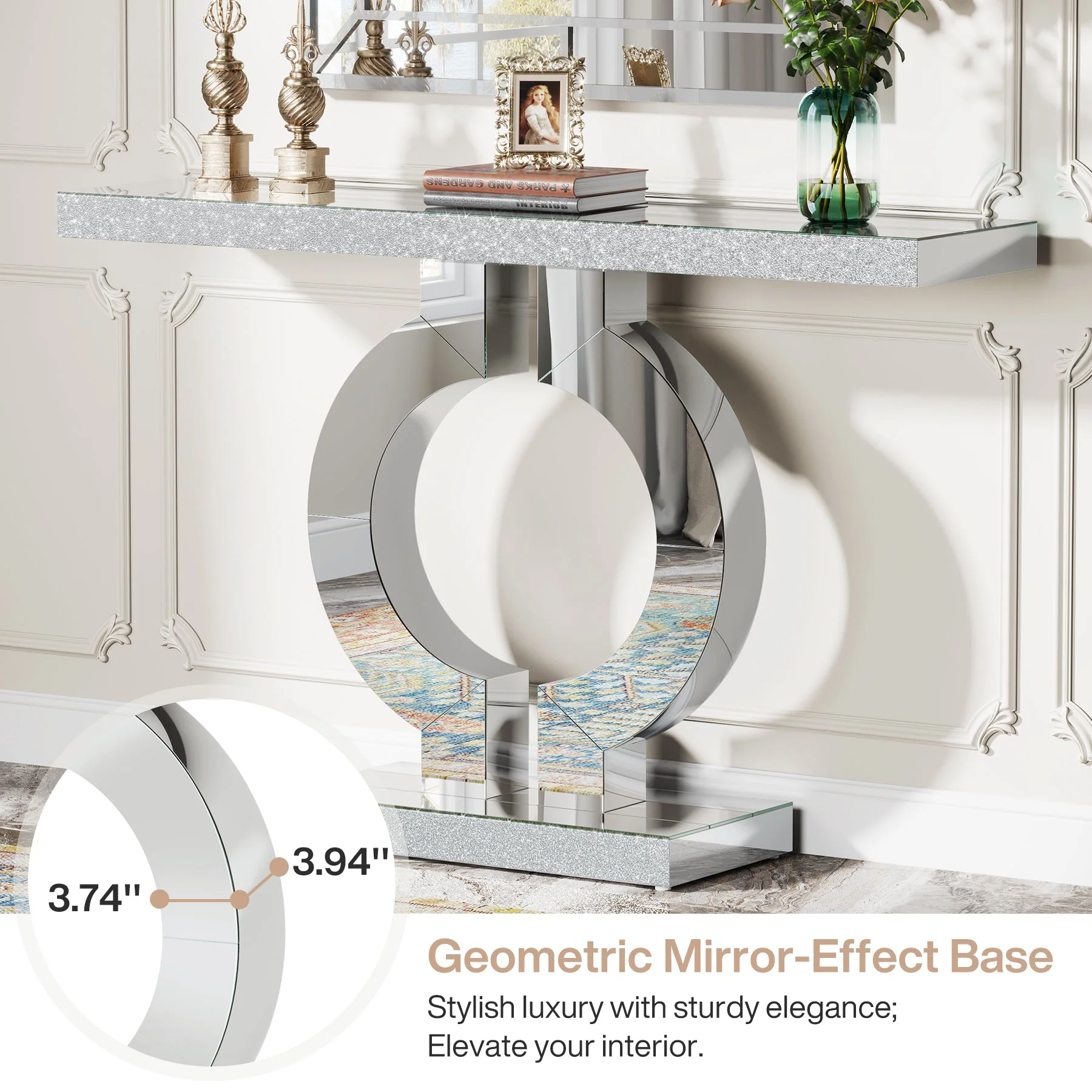 43" Mirrored Console Table, Modern Silver Sofa Table with O-Shaped Base - Image 7