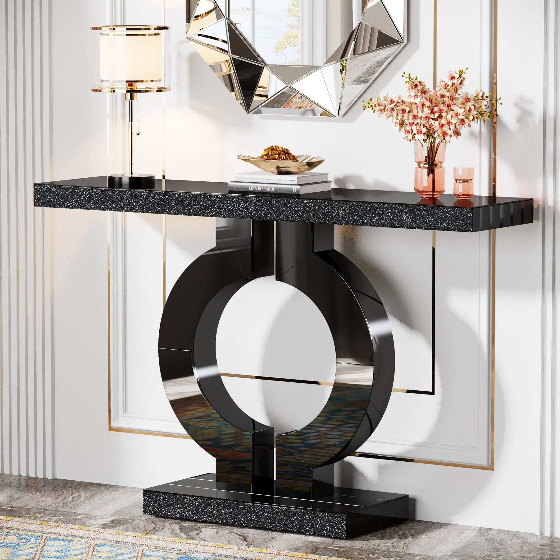 43" Mirrored Console Table, Modern Silver Sofa Table with O-Shaped Base - Image 8
